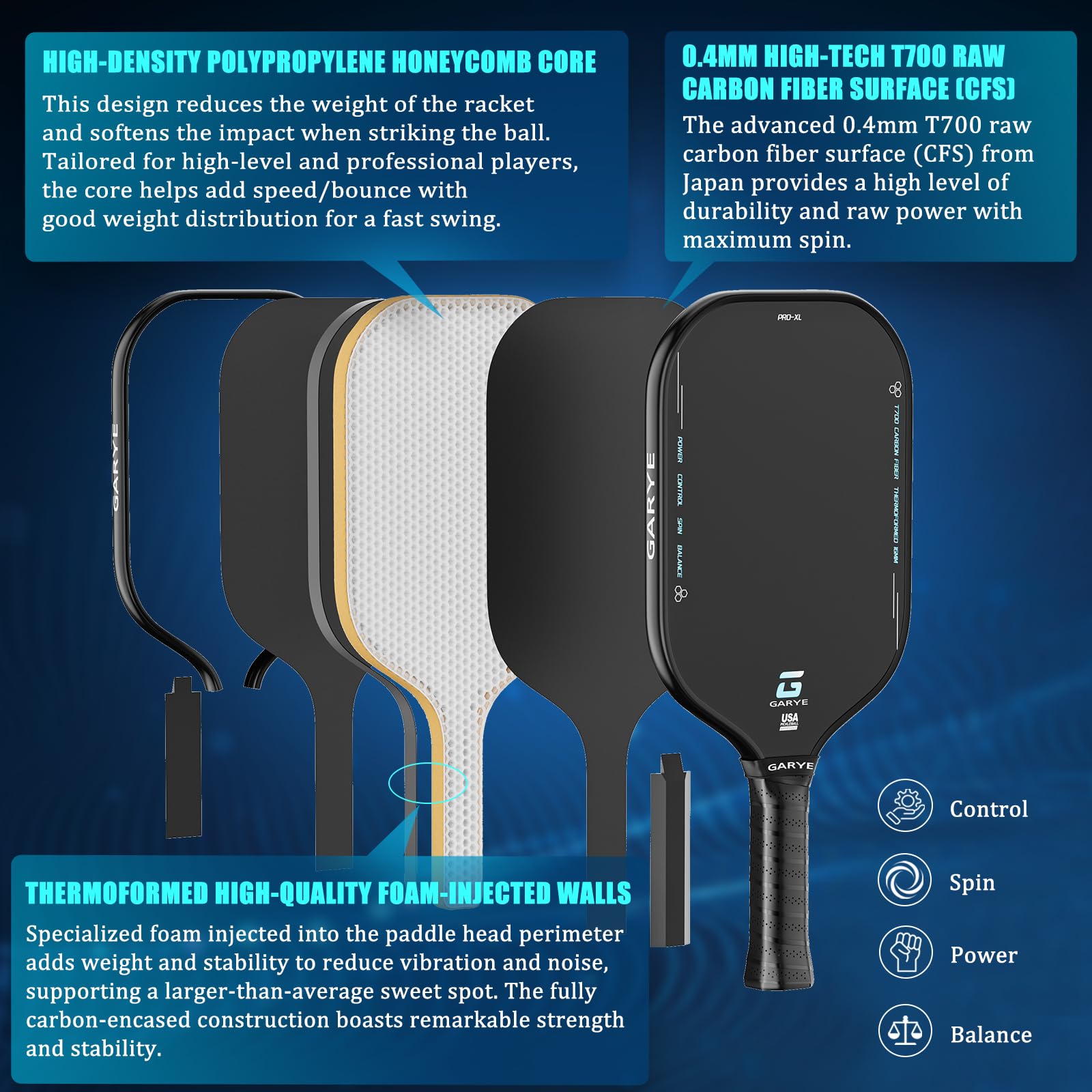 GARYE Pickleball Paddles, 16MM T700 Thermoformed Raw Carbon Fiber Pickleball Paddle, Great Grit & Spin, USAPA Approved PRO-XL Pickle Ball Rackets Set with Power, Control and Balance,2 colors, 1 Cover