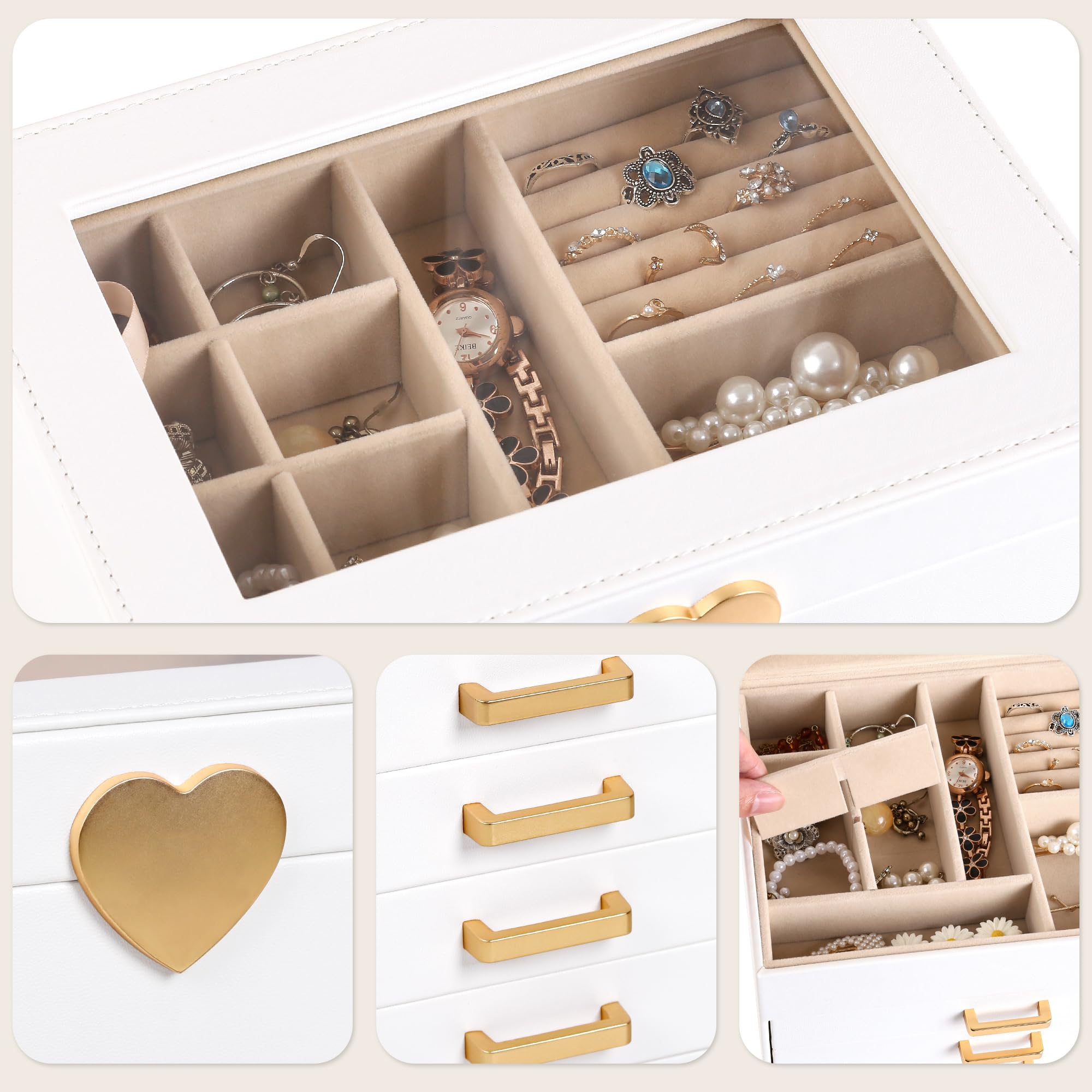 Kendal Jewelry Box, 5-Layer Jewelry Organizer Box with Glass Lid, Brass Gold and White, Heart Shaped PU Leather, Storage Box for Necklace Earrings Rings Bracelets, Gift Idea for Girls LJC4DRWH