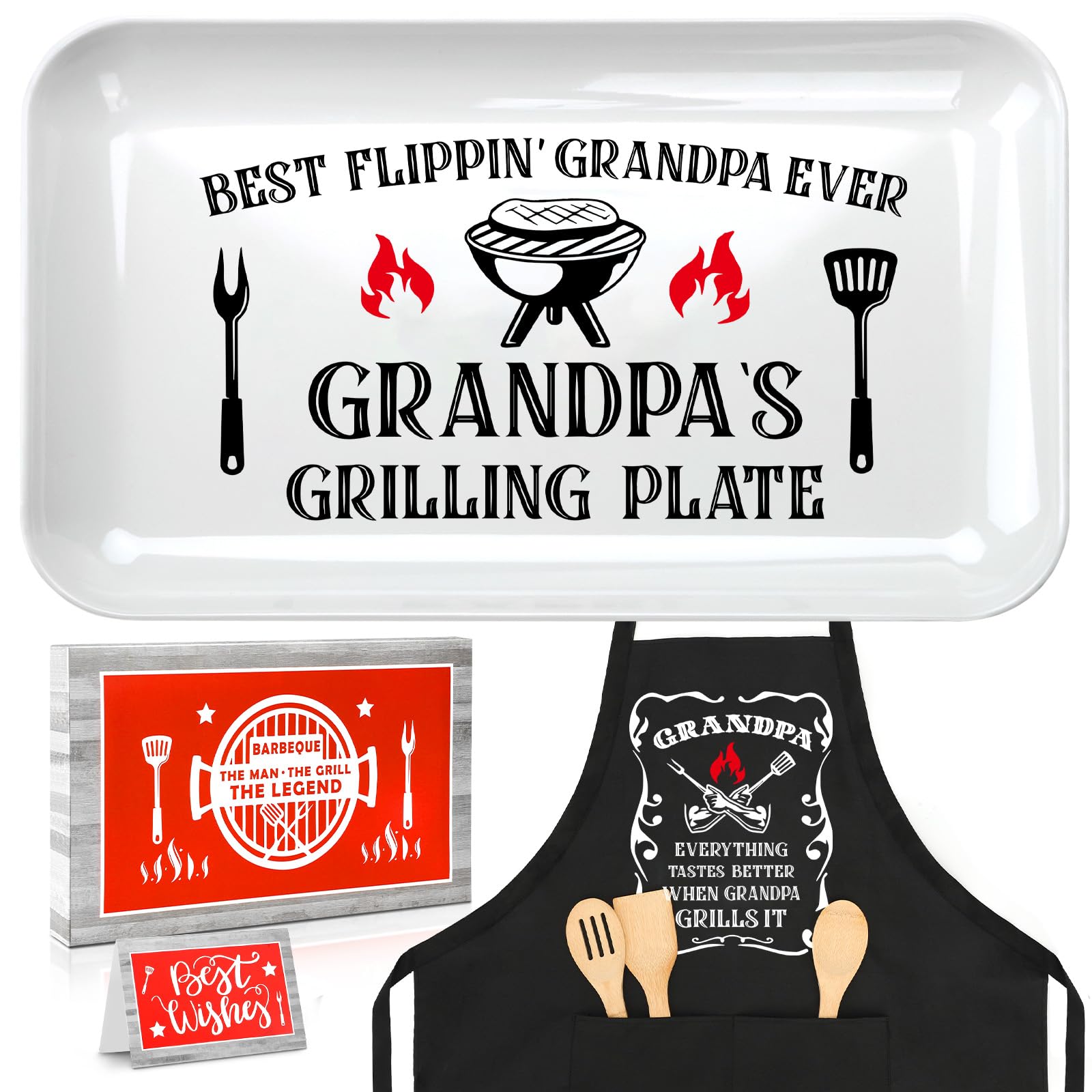 Gifts for Grandpa, Grandpa Birthday Gifts Personalized Grilling Platter Apron Gift for Grandpa from Grandkids, Great Grandpa Christmas Gift Fathers Day Funny Grandpa Grilling Plate BBQ Serving Tray