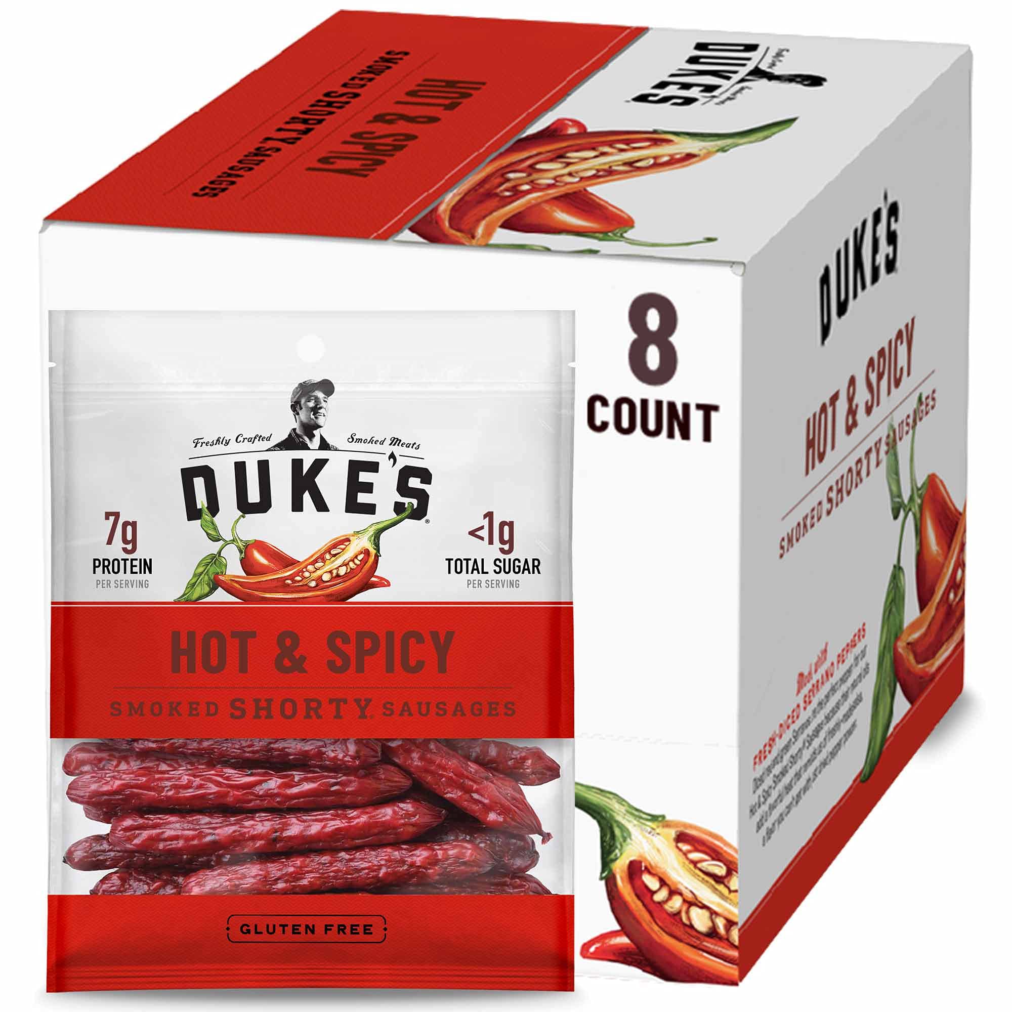 Duke's Pork Hot & Spicy Smoked Shorty Sausages, 7g Protein Per Serving, 5 oz. (Pack of 8)