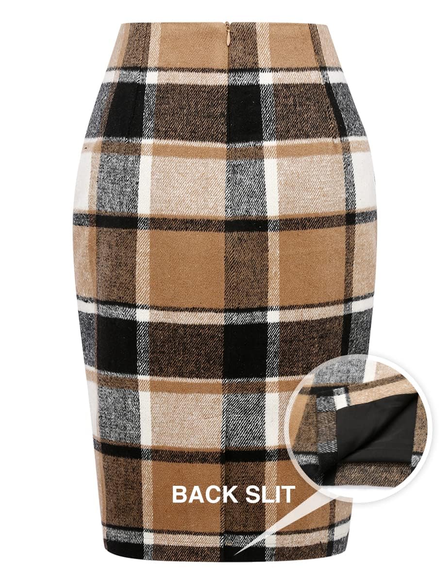 IDEALSANXUN Brown Plaid Skirts for Women Midi Length Fall Fashion 2024 Knee Length Tweed Wool Pencil Skirt with Slit Winter Clothes (Brown New, M)