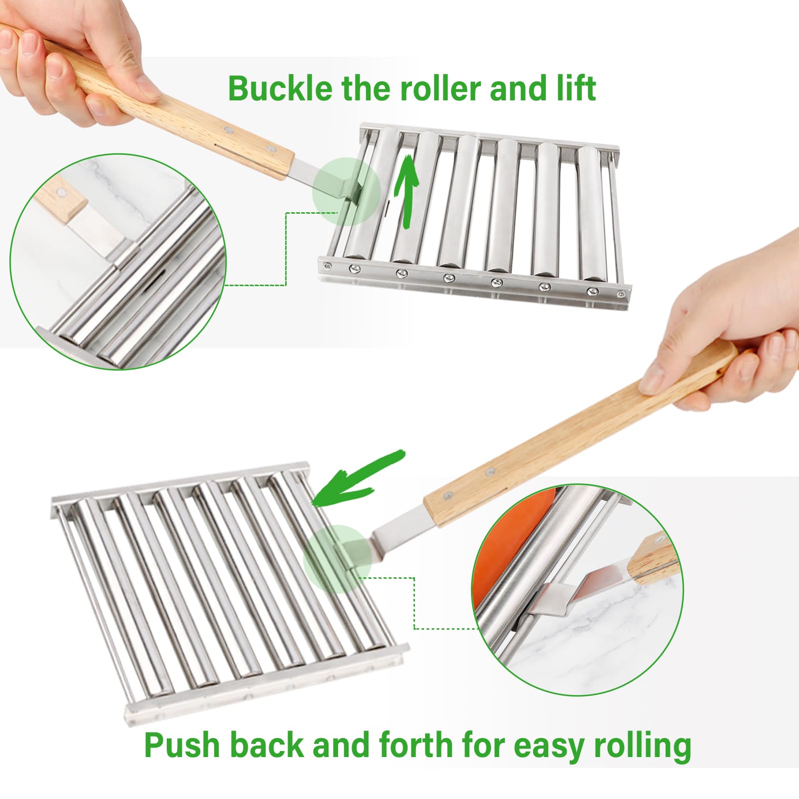 KAYCROWN Hot Dog Roller Stainless Steel Sausage Roller Rack with Extra Long Wood Handle, BBQ Hot Dog Griller For Evenly Cooked Hot Dogs, 5 Hot Dog Capacity