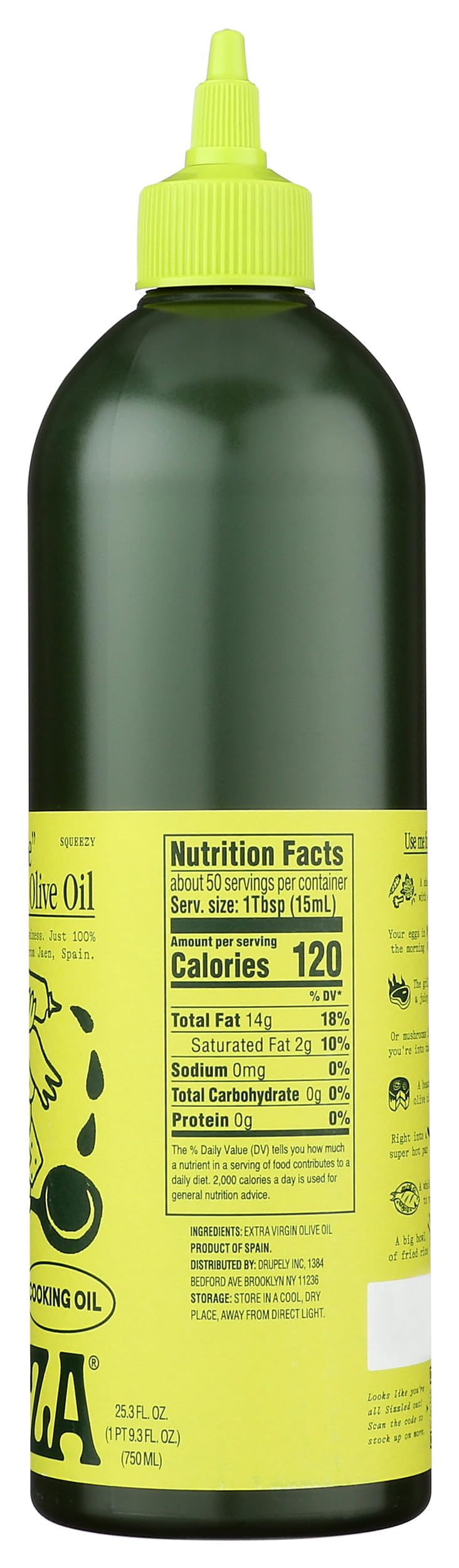 Graza "Sizzle" Extra Virgin Olive Oil. Peak Harvest Cooking Oil. Single Farm Spanish EVOO. 25.3 FZ (750 ML) Squeeze Bottle