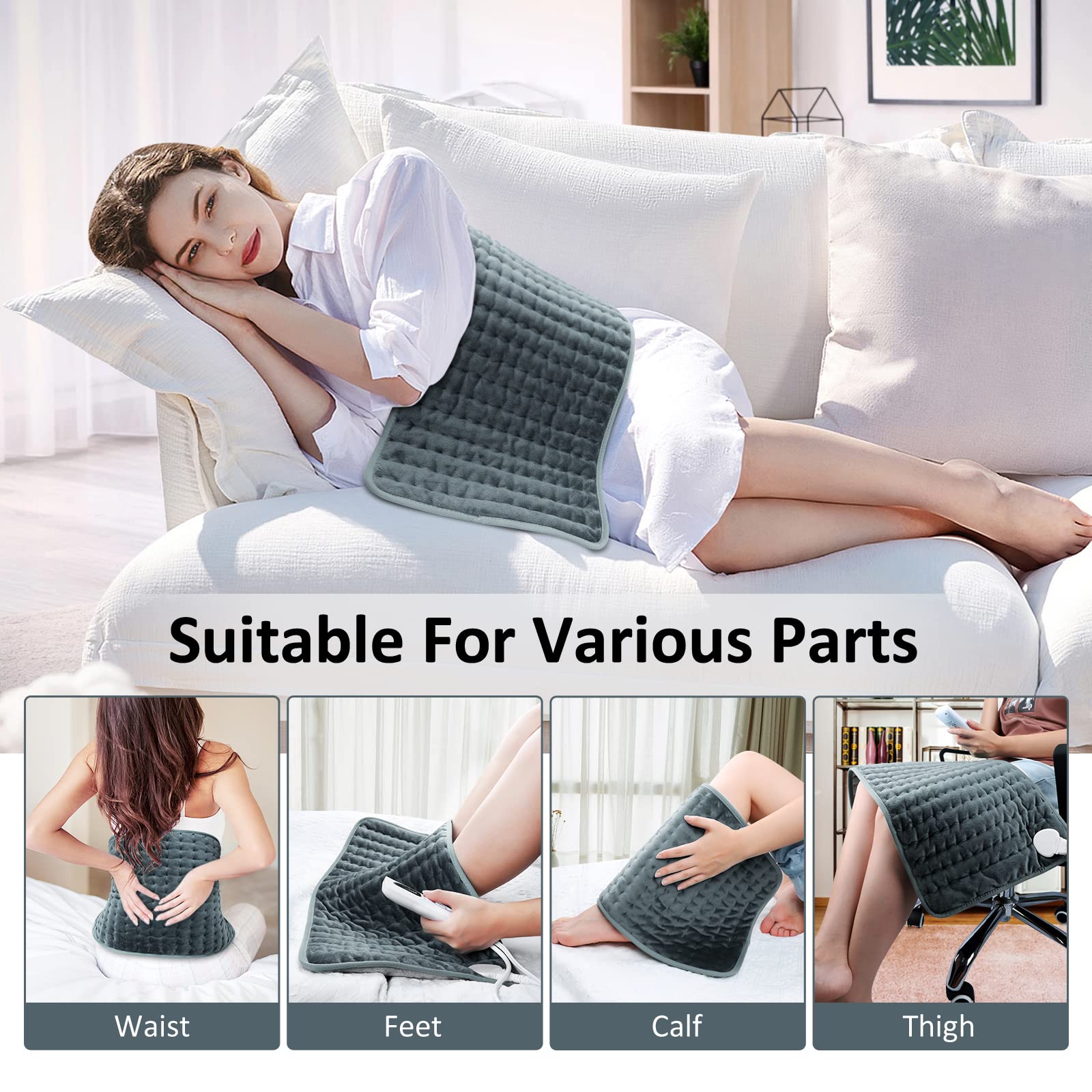 Electric Heating pad for Back/Shoulder/Neck/Knee/Leg Pain Relief, 6 Fast Heating Settings, Auto-Off, Machine Washable, Moist Dry Heat Options, Extra Large 12"x24"(Gray)