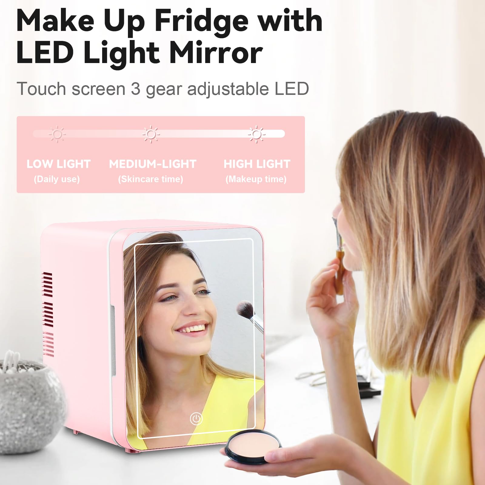 KOSGHO Skincare Fridge with Dimmable LED Mirror (4 L/6 Can), Makeup Mini Fridge for Bedroom, Dorm and Car, Cooler and Warmer, Portable Small Refrigerator for Cosmetics, Skincare and Food, Pink