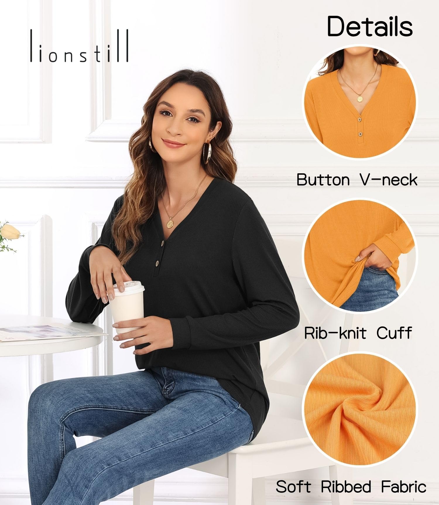 lionstill Womens Long Sleeve Tops V-neck Tunic Shirts for Women Casual Loose Shirt, Black 2XL