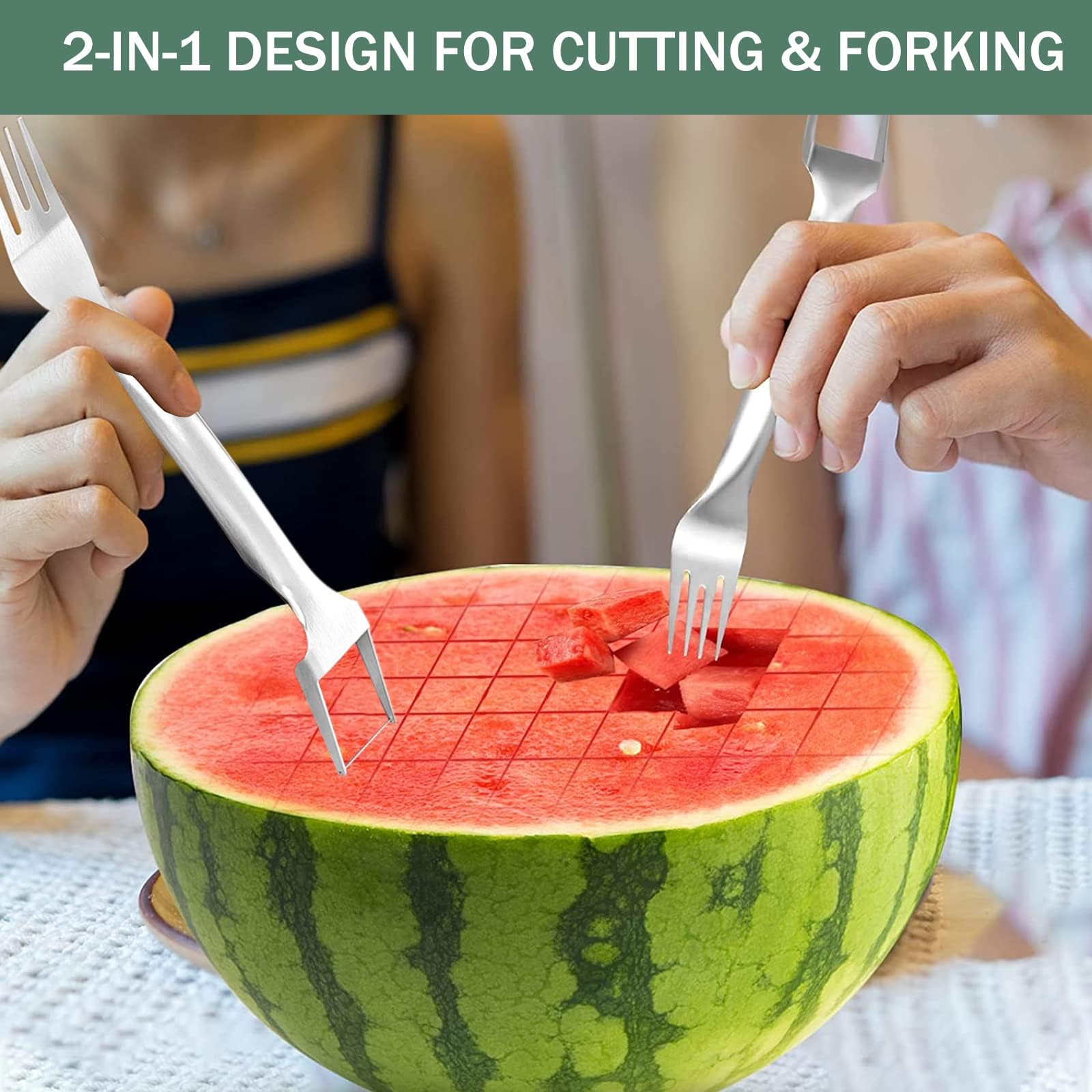 2-in-1 Stainless Steel Fruit Cutter, 2024 New Watermelon Slicer Cutter Summer Watermelon Fruit Cutting Fork, Stainless Steel Fruit Forks Slicer Knife for Home Kitchen Gadget (2)