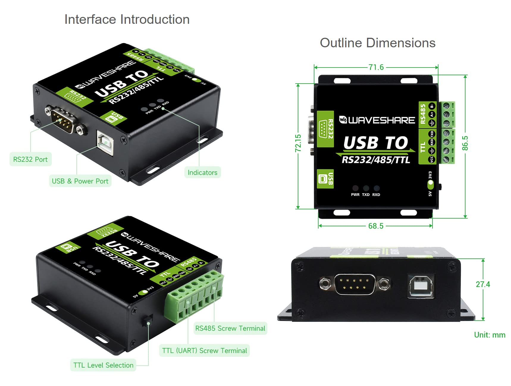 Waveshare USB to RS232 / RS485 / TTL Industrial Isolated Converter with Original FT232RL Embedded Protection Circuits and Aluminium Alloy Enclosure for Industrial Control Equipments