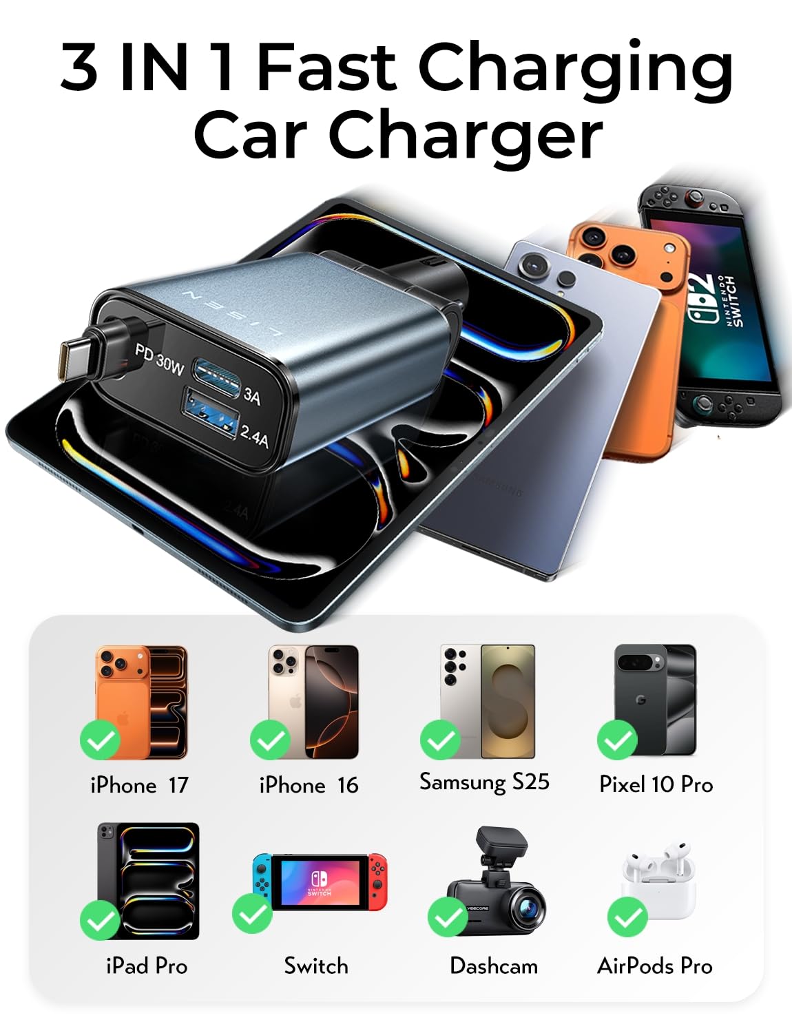 LISEN for Car Charger USB C Fast Charge fit iPhone 17 Pro Max Air, [Ultra-Mini, 60% Less Space] 57W Type C Retractable Car Phone Charger Adapter for iPhone 16e 16 15 Samsung S25 S24 Pixel Android