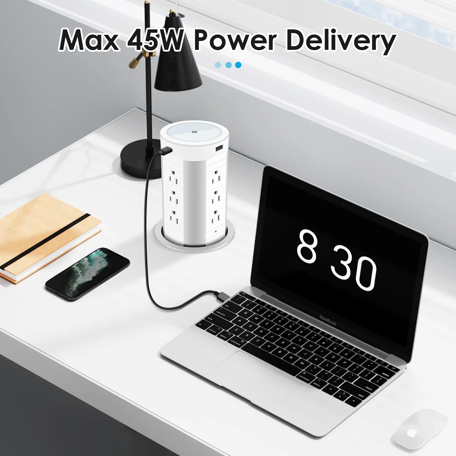 4-inch Pop Up Outlet for Countertop with 45W USB,17-in-1 Desktop Power Strip with 15W Wireless Charger,12 Outlets 4 USB Ports,15Amp Tamper Resistant Receptacle for Home Office Kitchen White