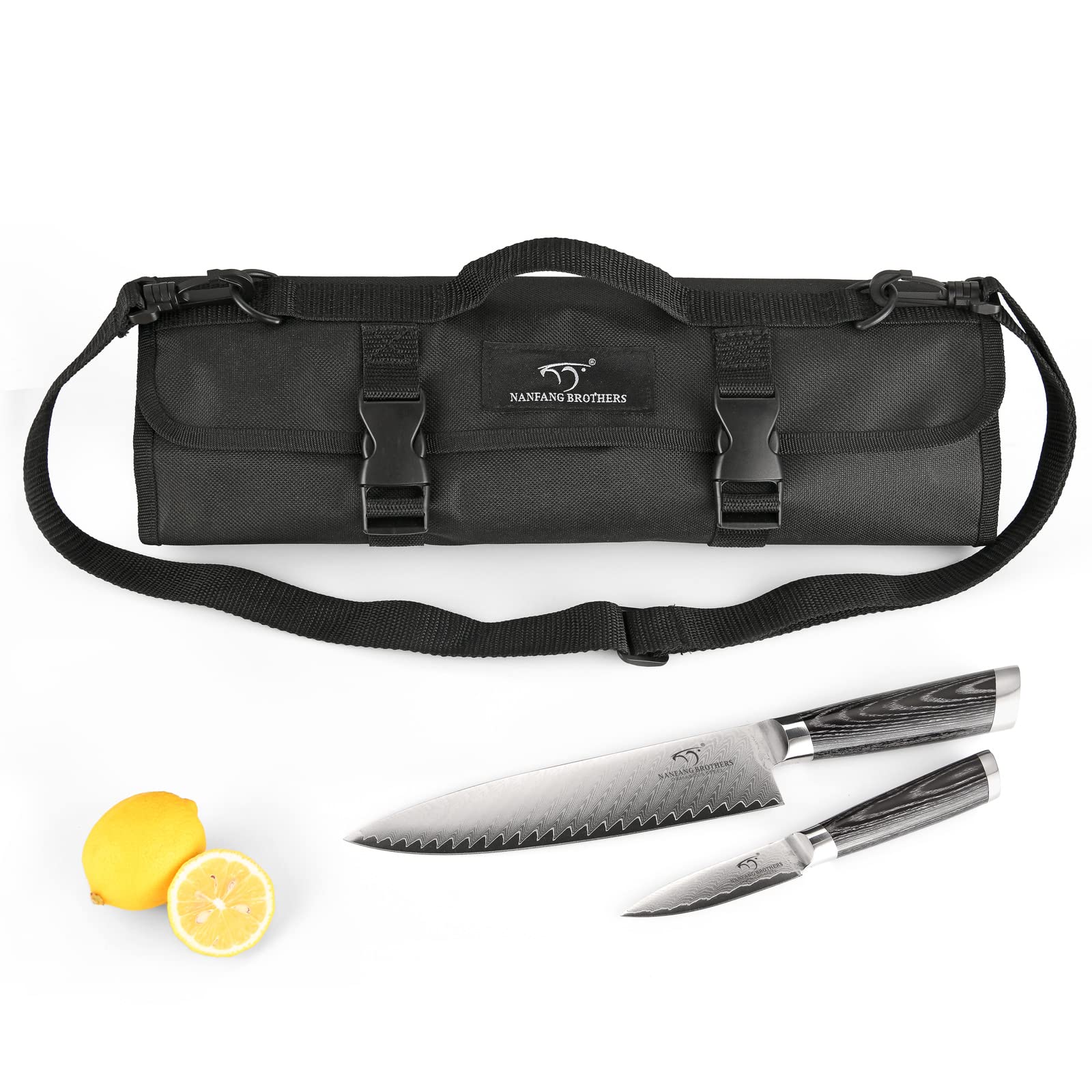 NANFANG BROTHERS Chef Knife Set with Bag, 8 Pieces Damascus Steel Chef Knives with Portable Knife Roll Storage Bag, Blade Guards, Carving Fork, Sharpener and Kitchen Shears for Outdoor Camping Travel