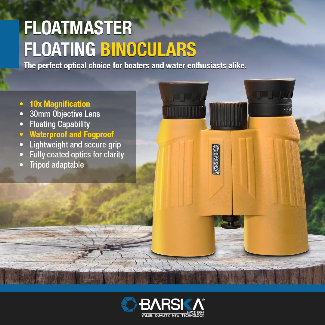 BARSKA 10x30 WP Floatmaster Binoculars (Blue Lens, Yellow) (AB11092)