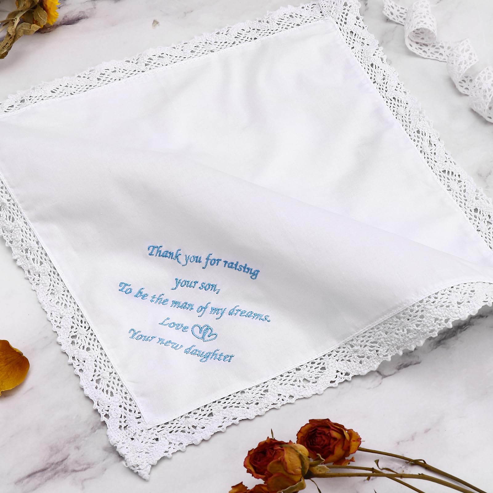 PACGOTH Wedding Handkerchiefs Something Blue for Bride, Mother Of The Bride Gifts Embroidered White Lace Handkerchiefs (Parents of Groom)