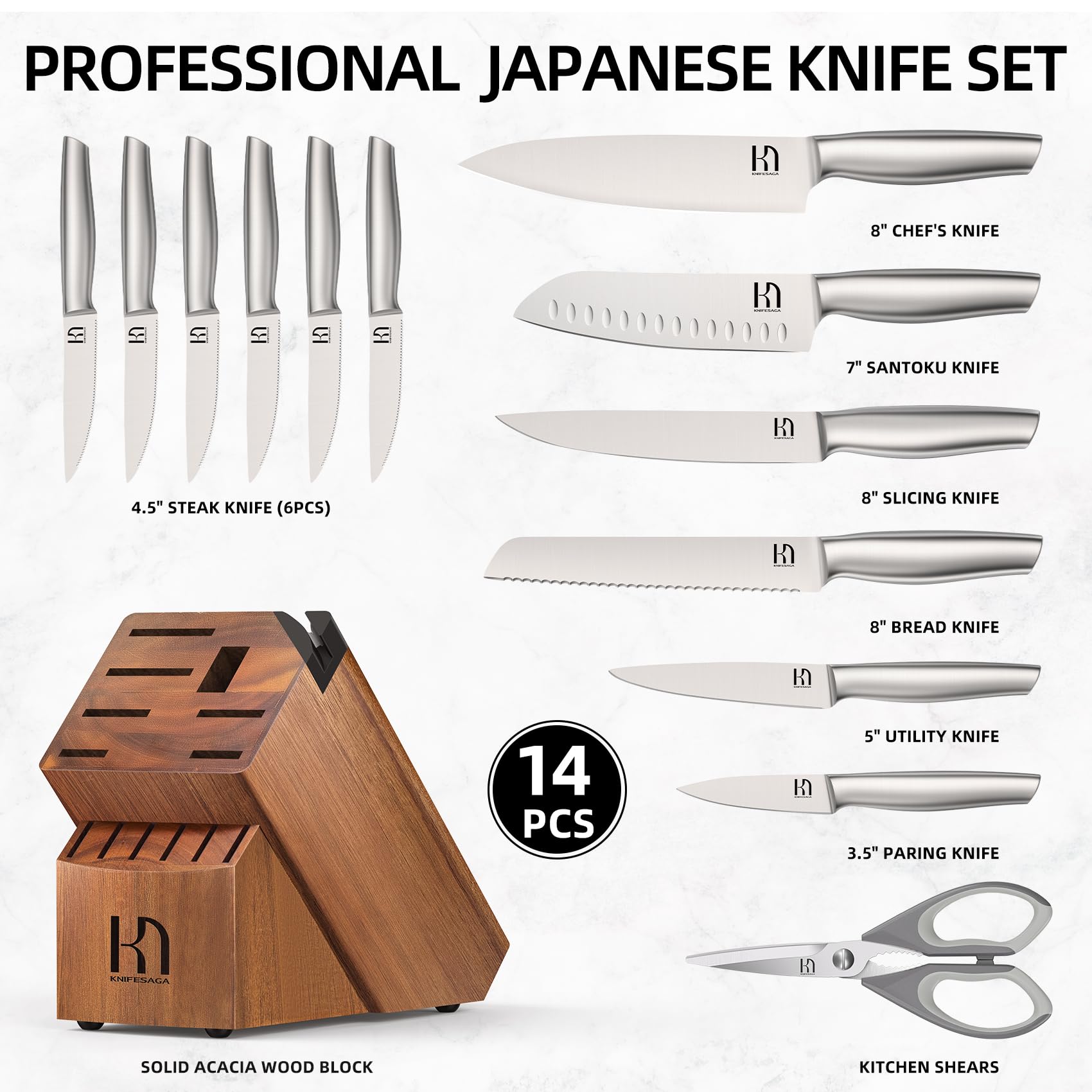 KnifeSaga 2024 Upgraded Knife Set 14 Piece Premium Japanese High Carbon Stainless Steel Kitchen Knife Block Sets with Built-in Sharpener, Razor Sharp Knives Set for Kitchen, Angled Acacia Wood Block