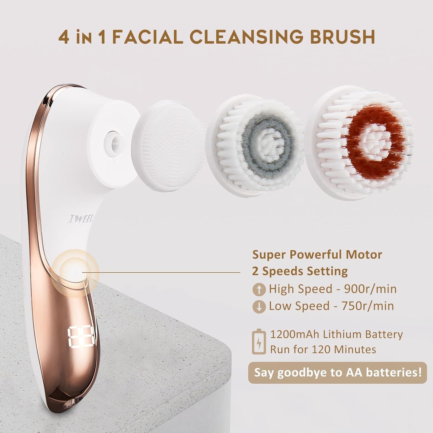 Electric Face Brush Scrubber Rechargeable Facial Exfoliator IPX-7 Waterproof Spin Cleanser Rotating Spa Machine for Exfoliating, Massaging and Deep Cleansing with 4 Brush Heads