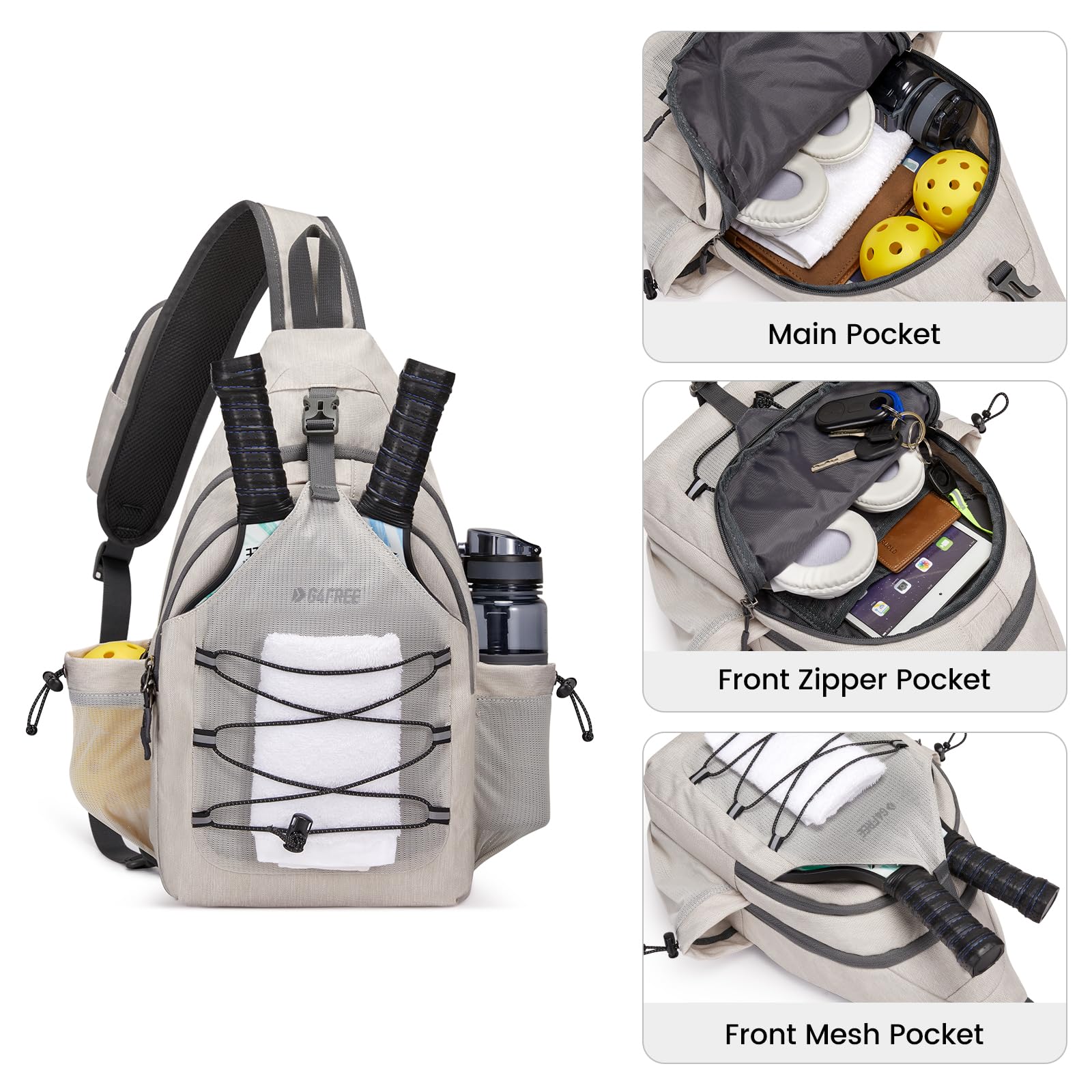 G4Free Sling Bag, Crossbody Pickleball Bag for Men Women, Lightweight Crossbody Chest Backpack for Sports, Travel, Ivory