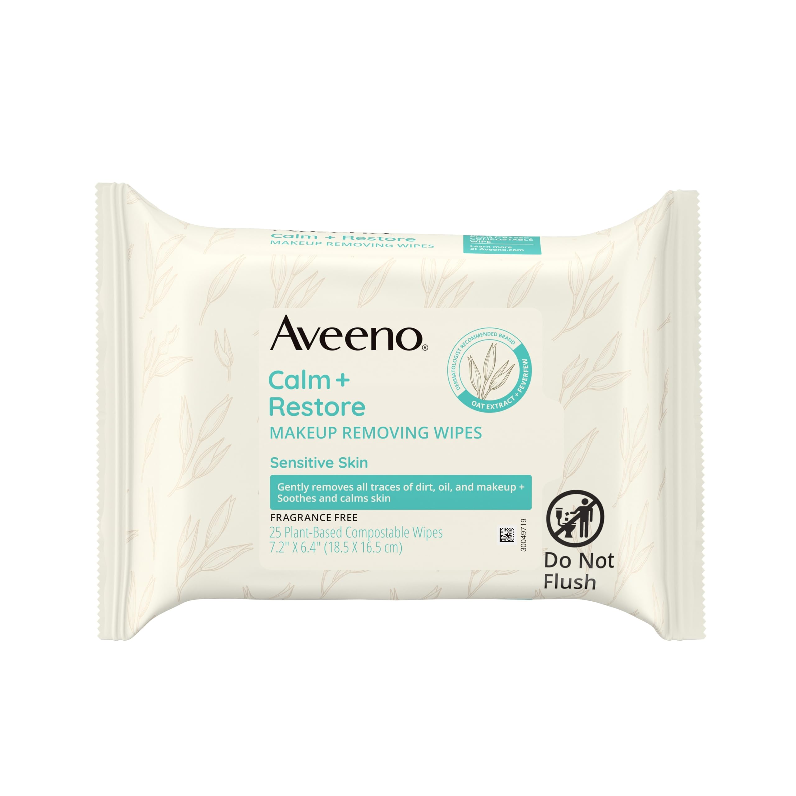 Aveeno Calm + Restore Nourishing Makeup Remover Face Wipes, Fragrance Free Facial Cleansing Towelettes with Oat Extract & Calming Feverfew, Alcohol Free, 100% Plant-Based Cloth, 25 ct