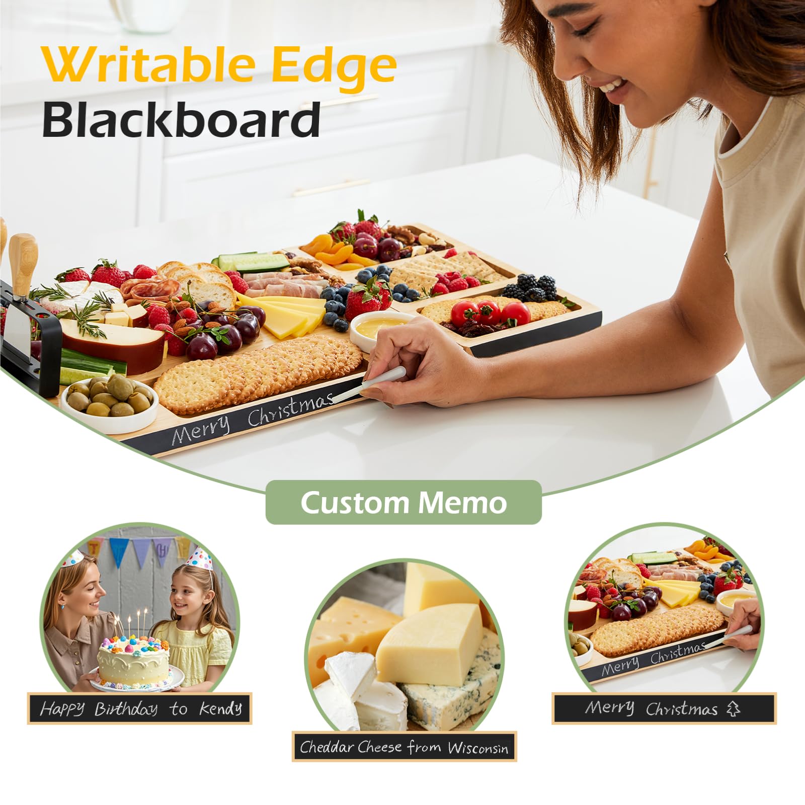 keechee Charcuterie Boards Gift Set: Large Bamboo Cheese Board Set with Chalkboard Edge & Forks Set - Ideal for Housewarming, Weddings, Bridal Showers, and Unique Gifts for Mom