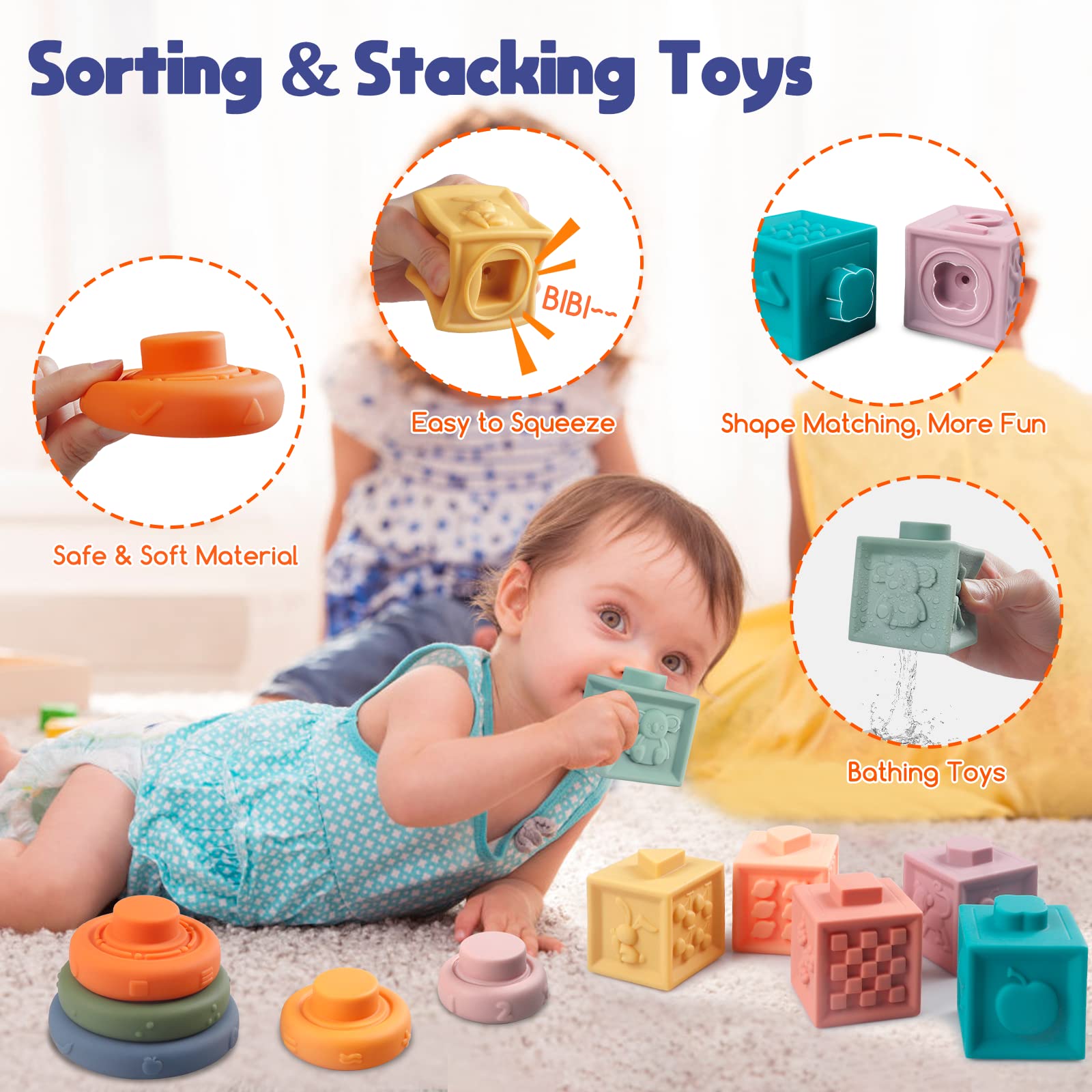 Wuzhineisn Montessori Baby Toys for Ages 6-18 Months - Pull String Teether, Stacking Blocks, Sensory Shapes Storage Bin, Infant Bath Time Fun, 4 in 1 Toddlers Toy Gifts for 1 2 3 Year Old Boys Girls