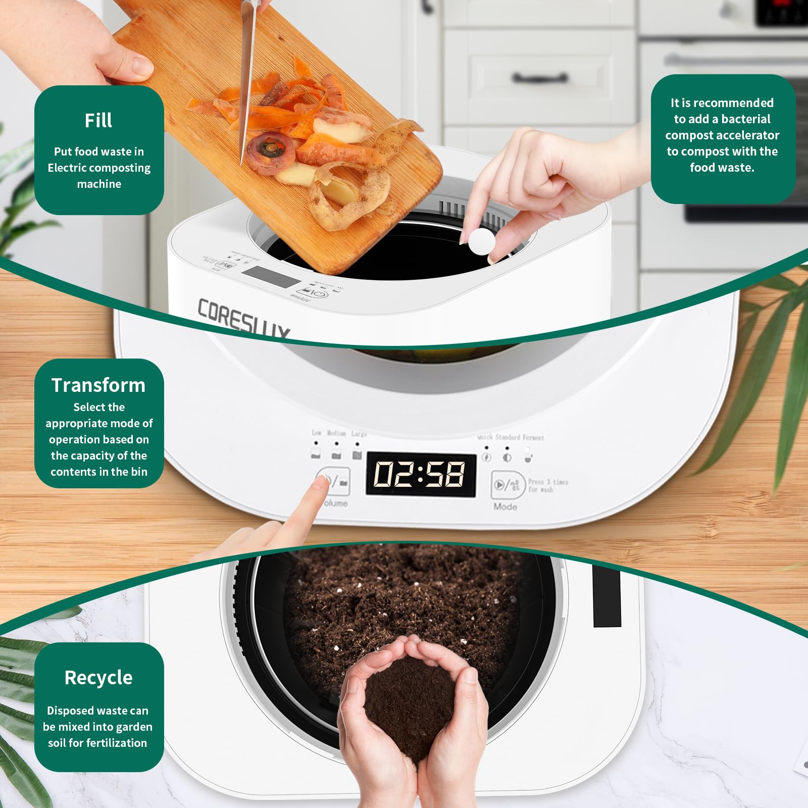 4L Electric Composter for Kitchen, Smart Compost Bin Outdoor/Indoor, Odorless/Auto-Cleaning/Low Noise/Intelligent LED Display, Turn Food Waste to Fertilizer, Compost Machine for Apartment Countertop.