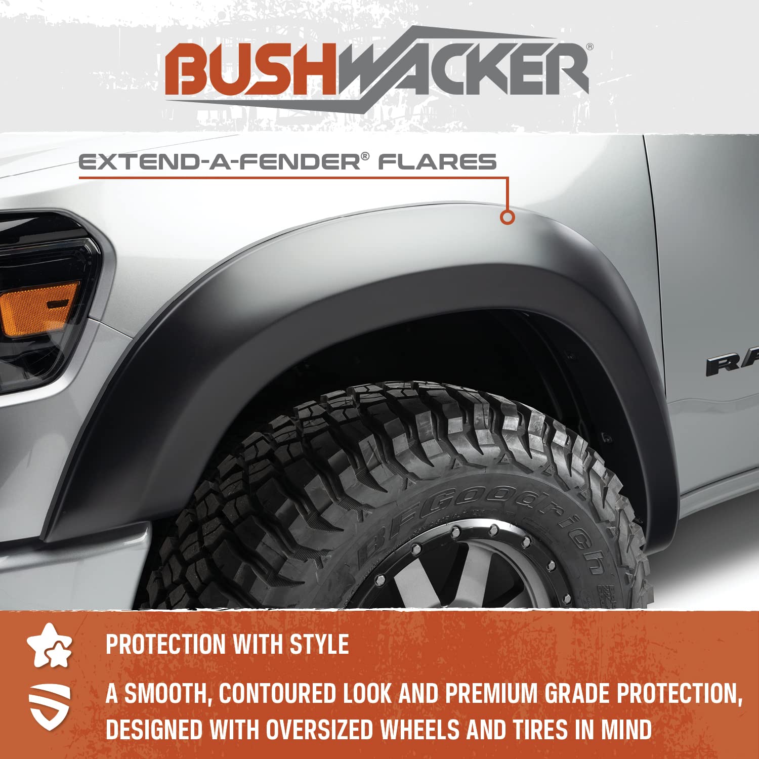 Bushwacker Extend-A-Fender Extended Front Fender Flares | 2-Piece Set, Black, Smooth Finish | 50055-02 | Fits 2019-2024 Dodge RAM 1500 (Excludes Rebel & TRX Models)