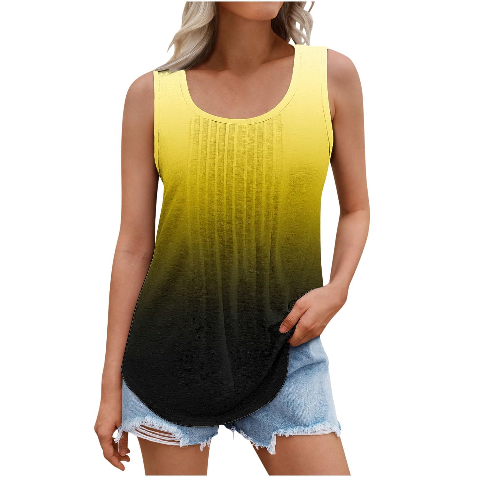 Plus Size Tank Tops for Women Pleated Front Summer Tunics Round Neck Sleeveless Tees Solid Color Casual Blouse