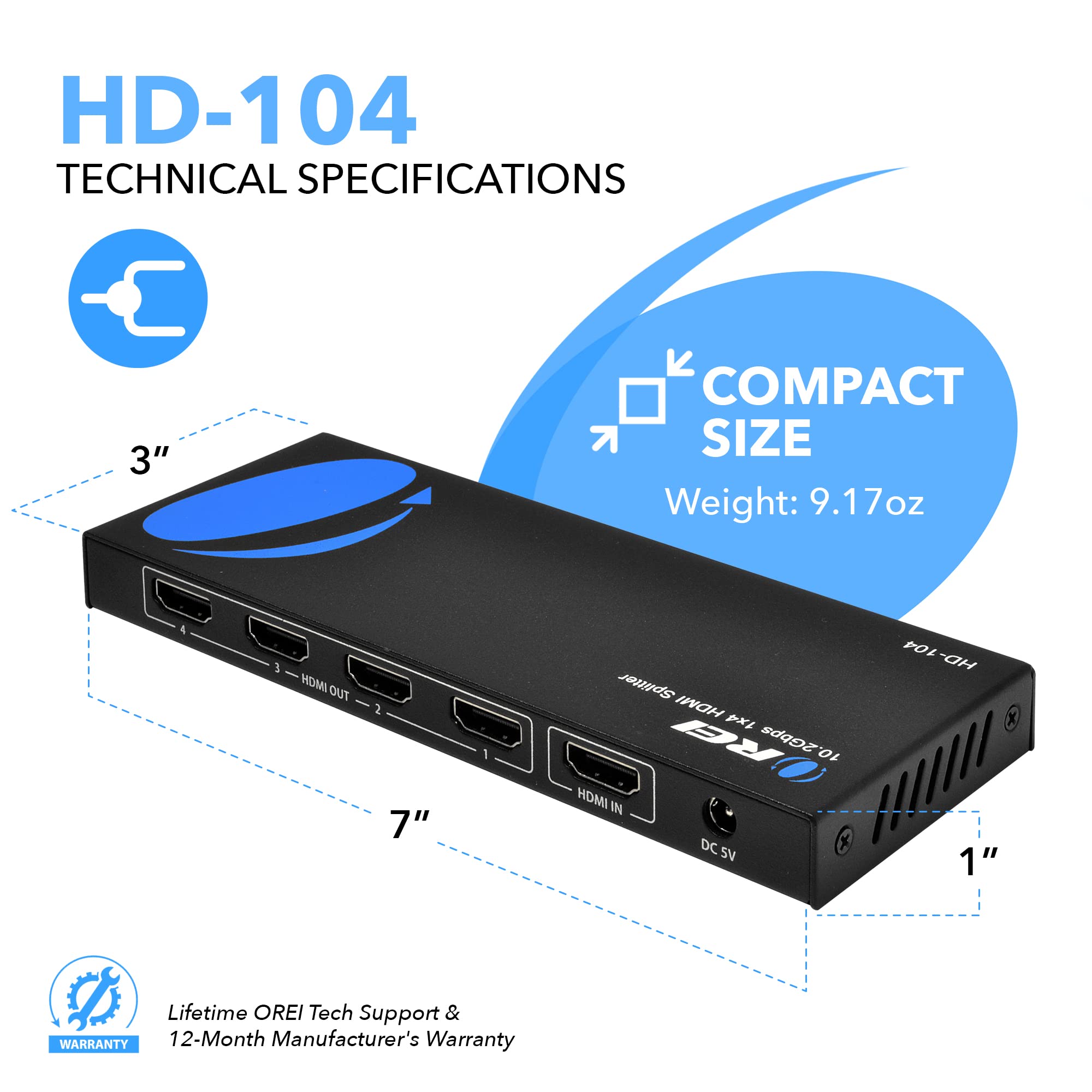 OREI HDMI Splitter 1 in 4 Out – 4K@30Hz HDMI 2.0 Splitter with HDCP 1.4, EDID Management, and LPCM/Dolby/DTS Audio Support–Compact Plug & Play Design
