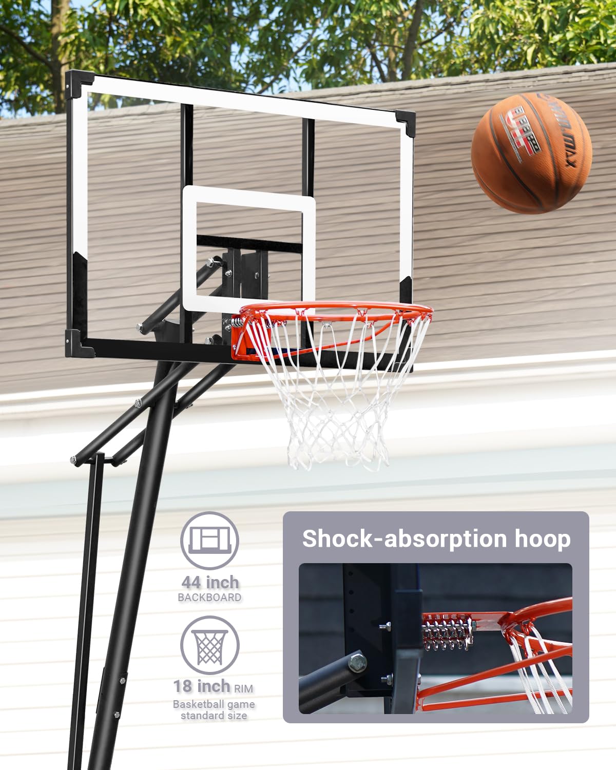 WIN.MAX Portable Basketball Hoop Quickly Height Adjusted 4.9-10ft Outdoor/Indoor Basketball Goal System with 44 inch Backboard and Wheels for Adults (Basketball Hoop Pro)