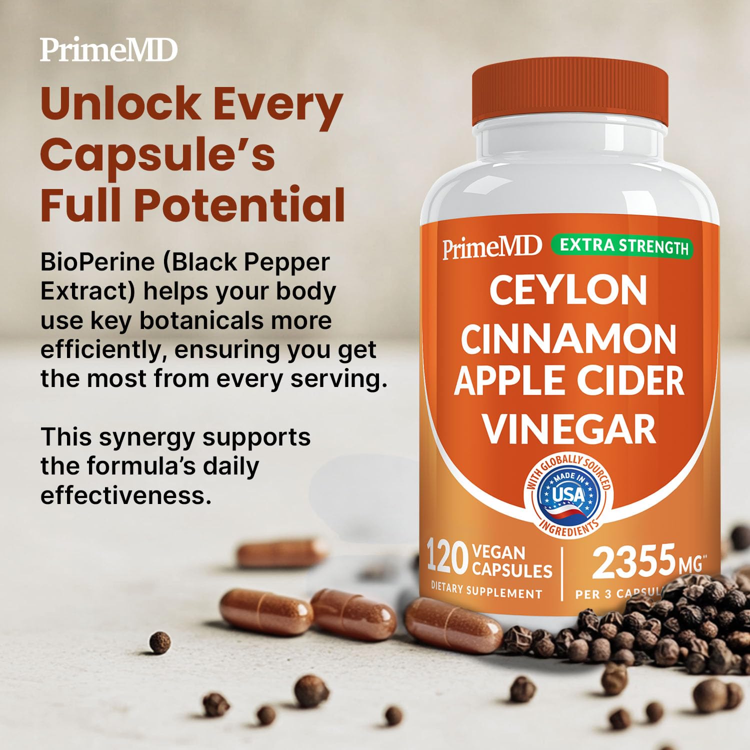 5-in-1 Ceylon Cinnamon Powder Extra Strength – Organic Ceylon Cinnamon Capsules with Turmeric, Apple Cider Vinegar, Korean Ginseng & BioPerine for Metabolism & Energy Support Pills (120 Ct, 3 Pack)