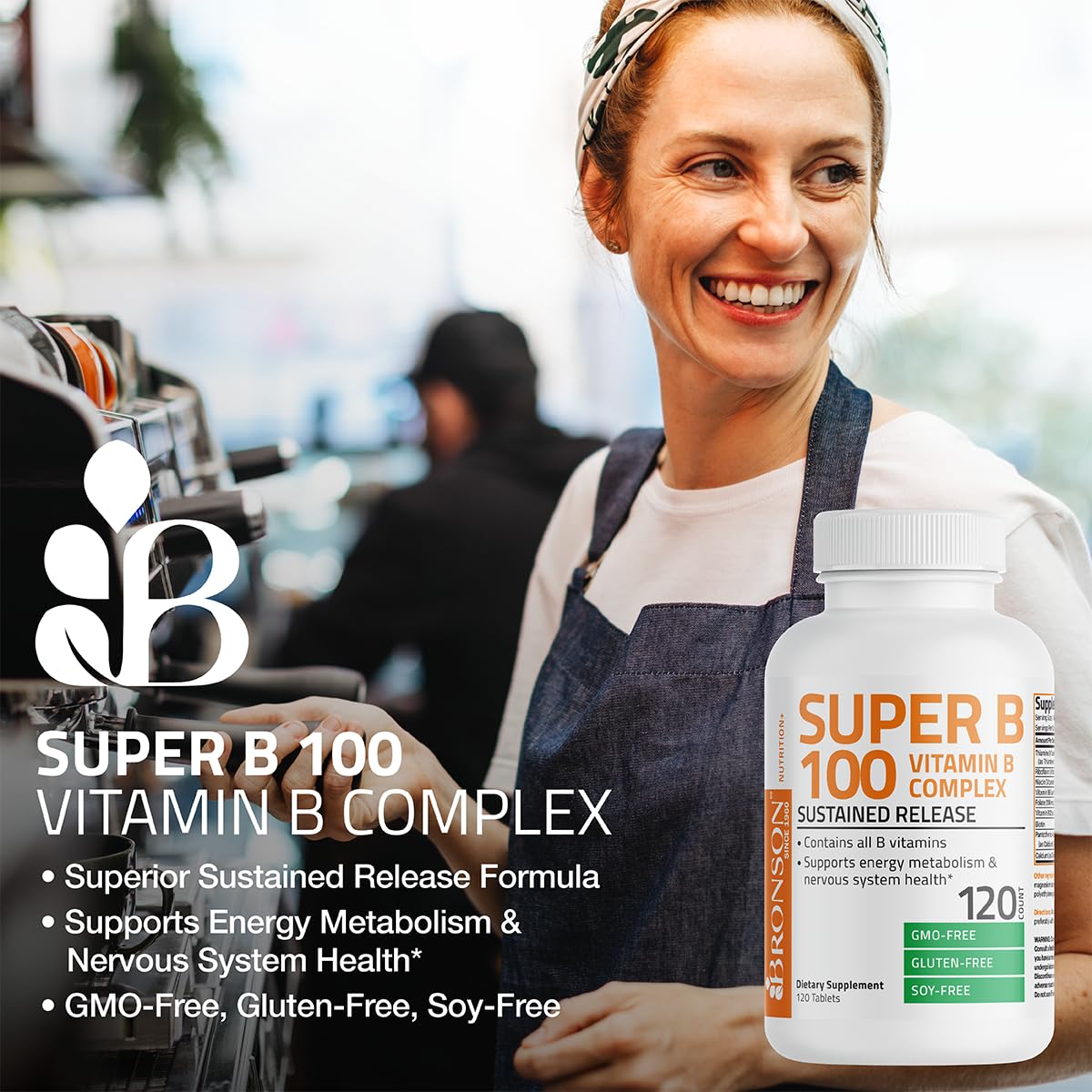 Bronson Vitamin B 100 Complex High Potency Sustained Release (Vitamin B1, B2, B3, B6, B9 - Folic Acid, B12), 120 Tablets