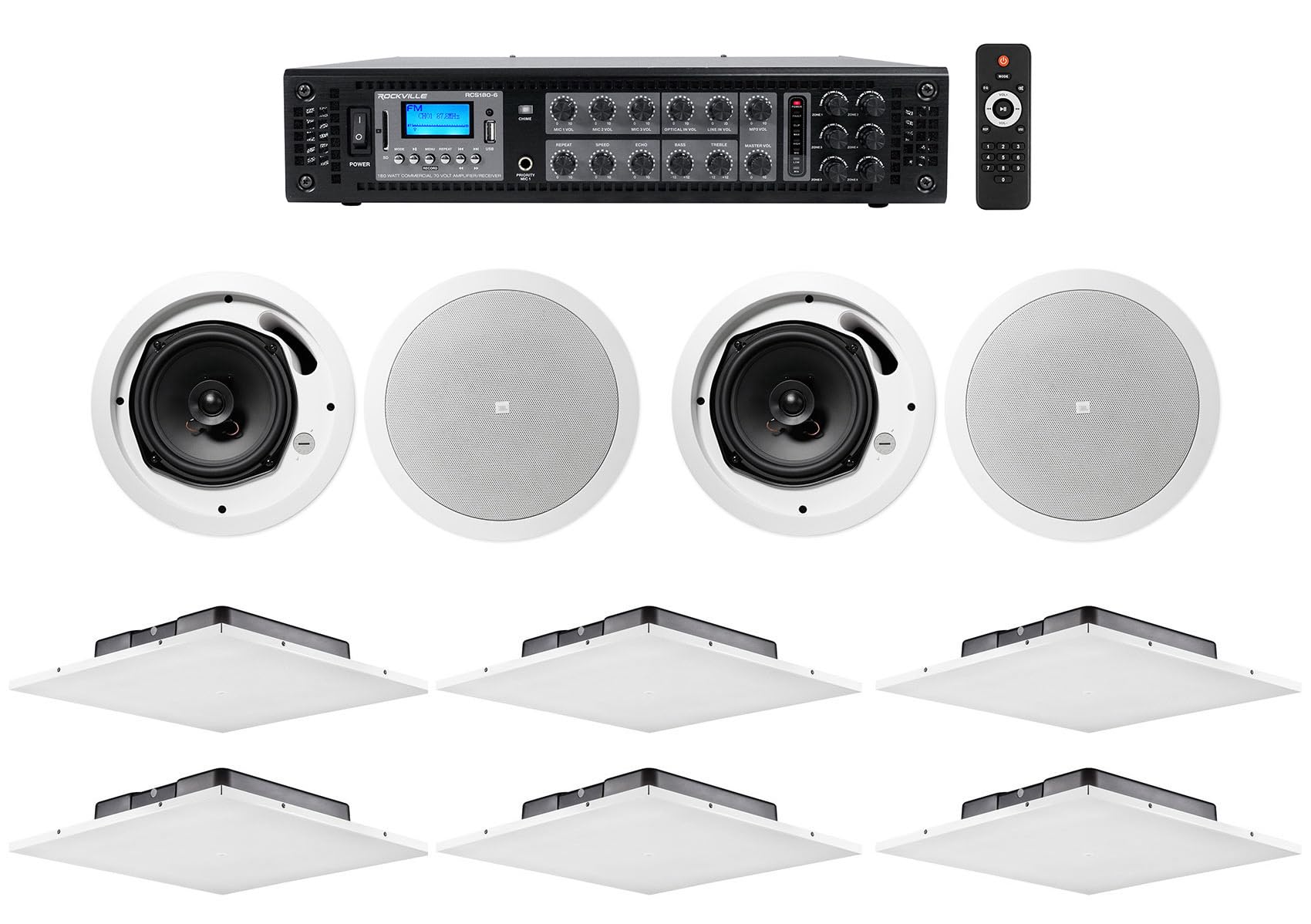 Rockville Bundle: (1) RCS180-6 180 Watt 6 Zone 70v Restaurant Amplifier Bundle with (6) LCT 81C/T Commercial Drop Ceiling Tile Speakers & (4) Control 16C/T 6.5" Ceiling Speakers(11 Items)