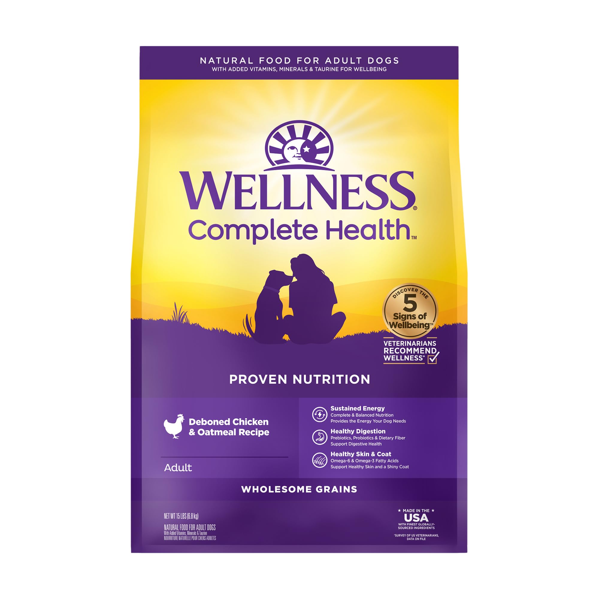 Wellness Complete Health Dry Dog Food with Grains, Natural Ingredients, Made in USA with Real Meat, All Breeds, For Adult Dogs (Chicken & Oatmeal, 15-Pound Bag)