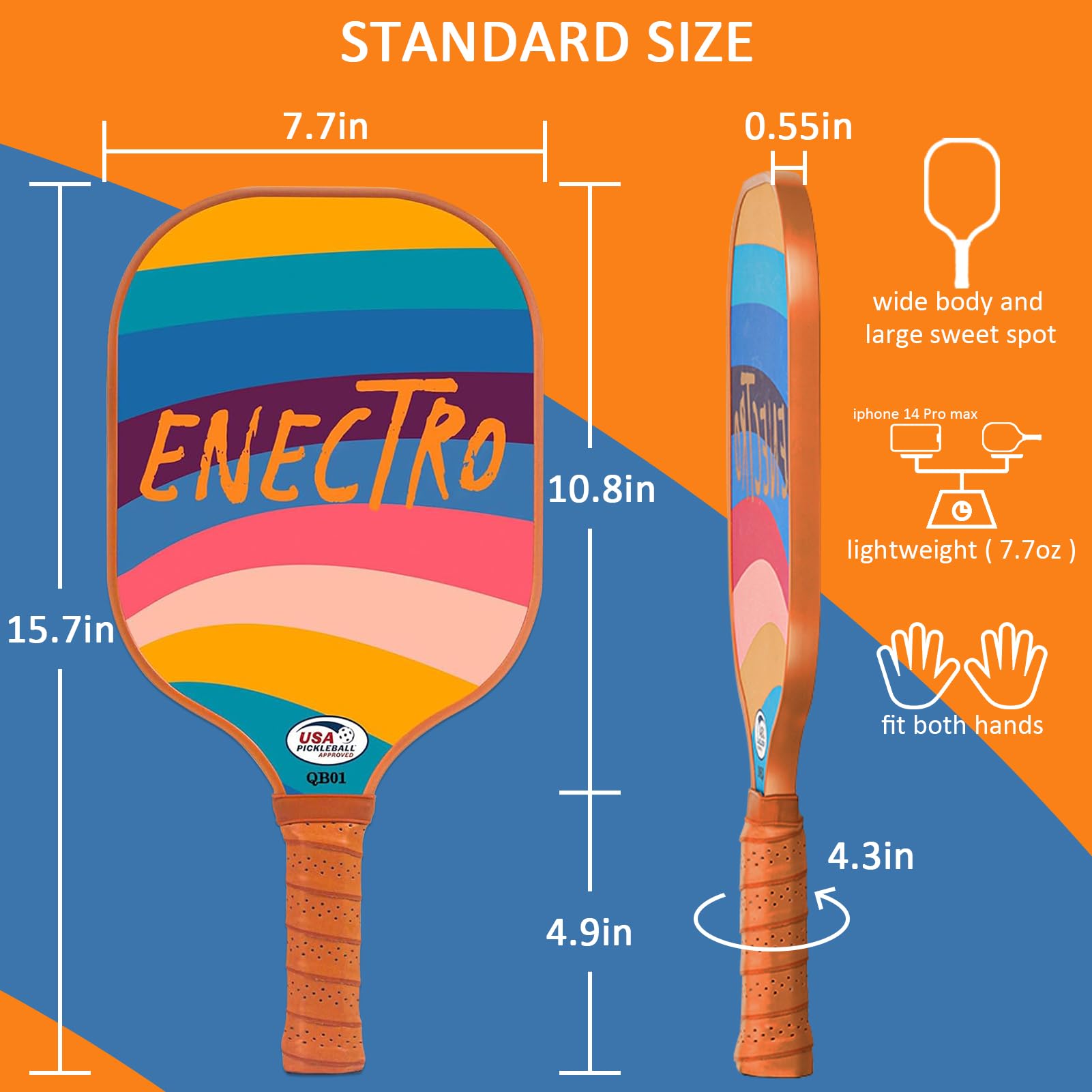 ENECTRO Pickleball Paddles Set of 2，USAPA Pickleball Rackets,with Fibergalss Surface & PP Honeycomb Core,Pickle Ball Paddle Set Includes 2 Indoor &2 Outdoor Balls, 4 Grip Tapes,1 Pickleball Bag