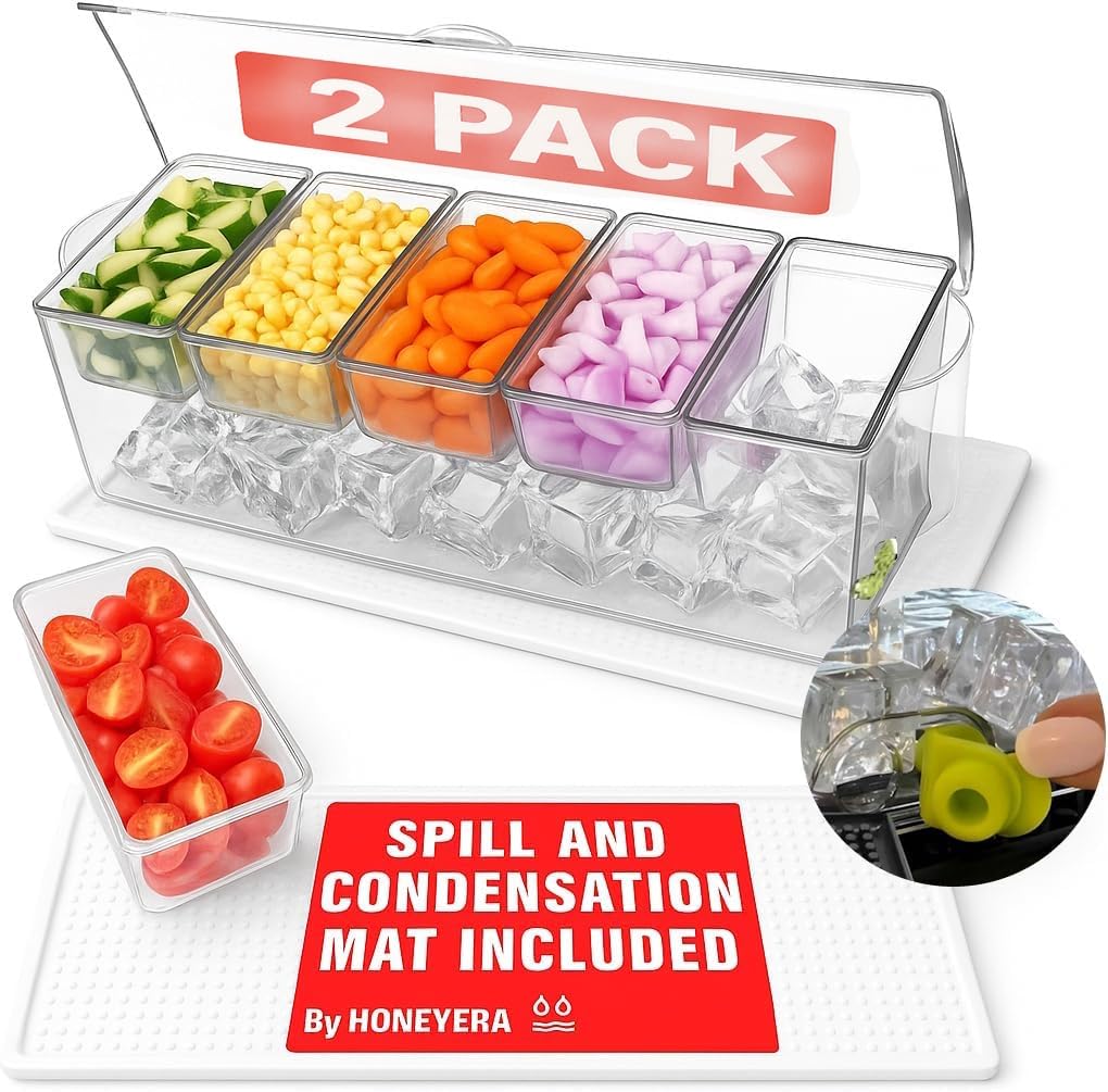 Honeyera Chilled Condiment Server | Hosting Essentials for Up to 80 Oz of Ice | Mimosa Bar Supplies Drain Plug | BPA-Free Taco Bar/Salad Bar | Food-Safe Condiment Caddy (White, 2 Pack)