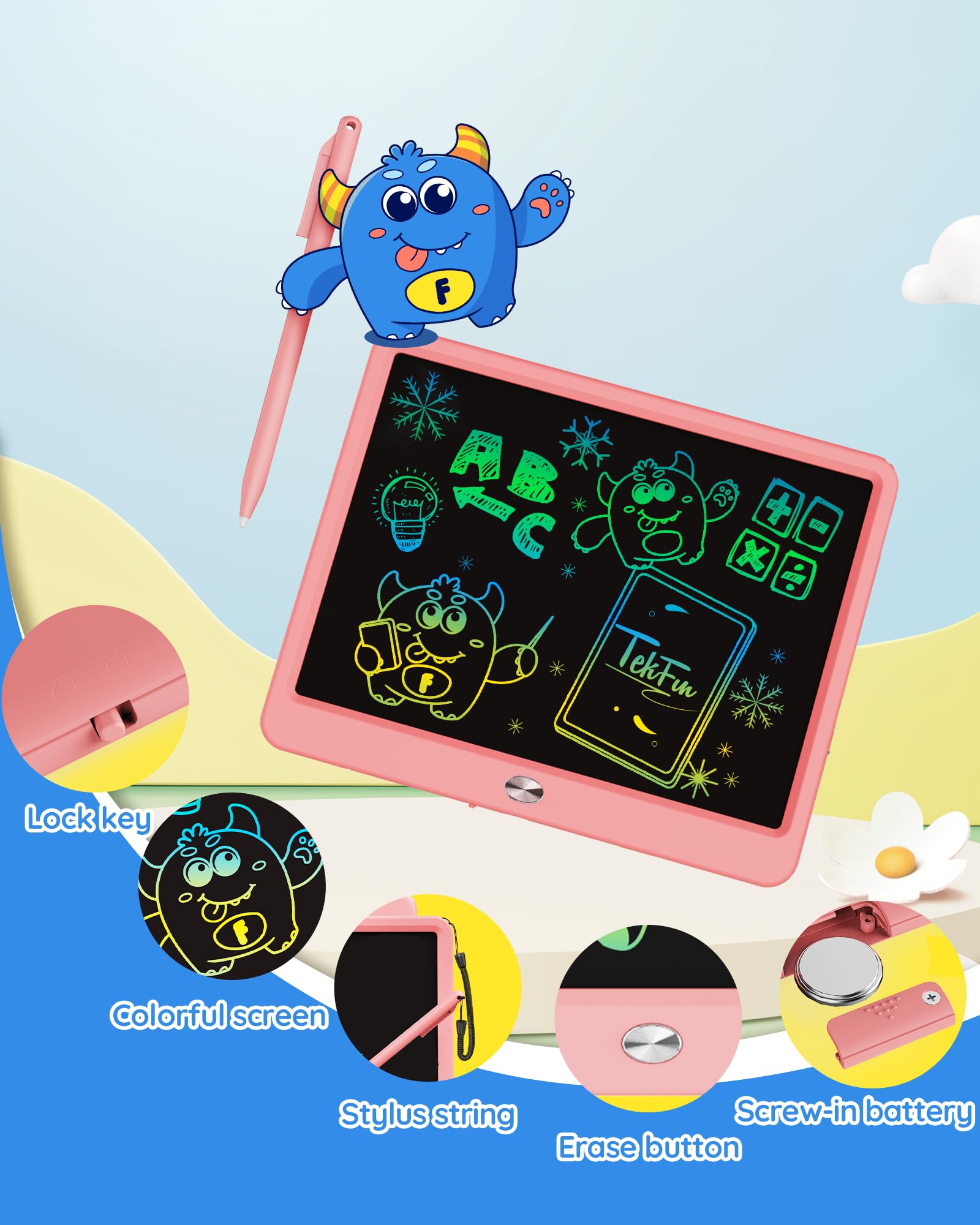 TEKFUN LCD Writing Tablet for Kids Girls Toys, 12 Inch Erasable Drawing Tablet Doodle Board Colorful Doodle Pad, Back to School Supplies Gifts for Toddlers Girls Adults