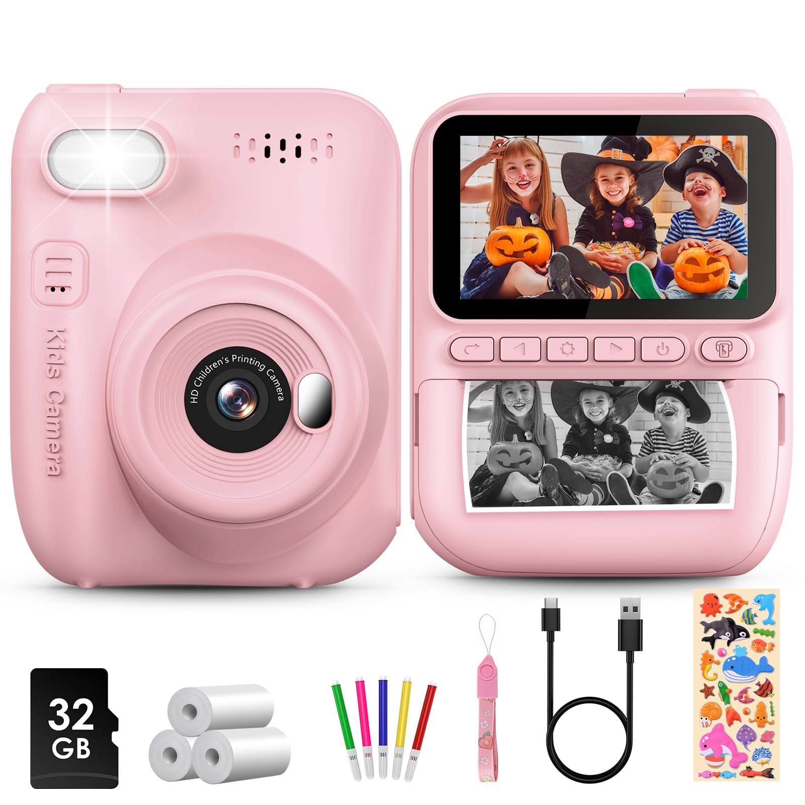 LETSHAHA Kids Instant Print Camera, 3.0-inch HD Screen 32MP Photo Instant Digital Camera Christmas Birthday Gifts Toys for Toddle Children Girls Boys Age 3-12 - Pink