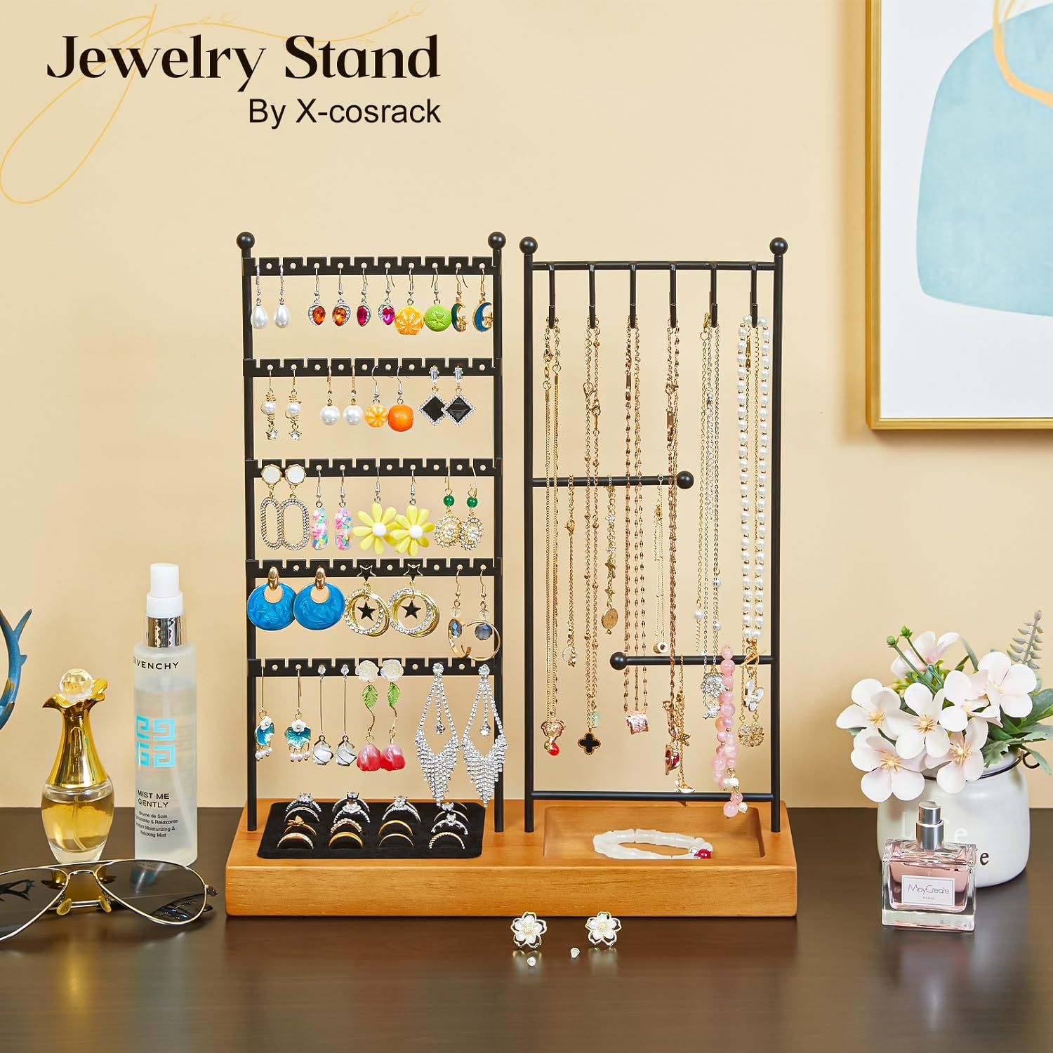 Jewelry Organizer with Earring Holder,Necklace Holder with Ring Tray, Jewelry Stand Tree Holder Organizer For Earring Ring Necklace Bracelet Display and Storage,12 Hooks,100 Earring Holes,16 Ring Slot