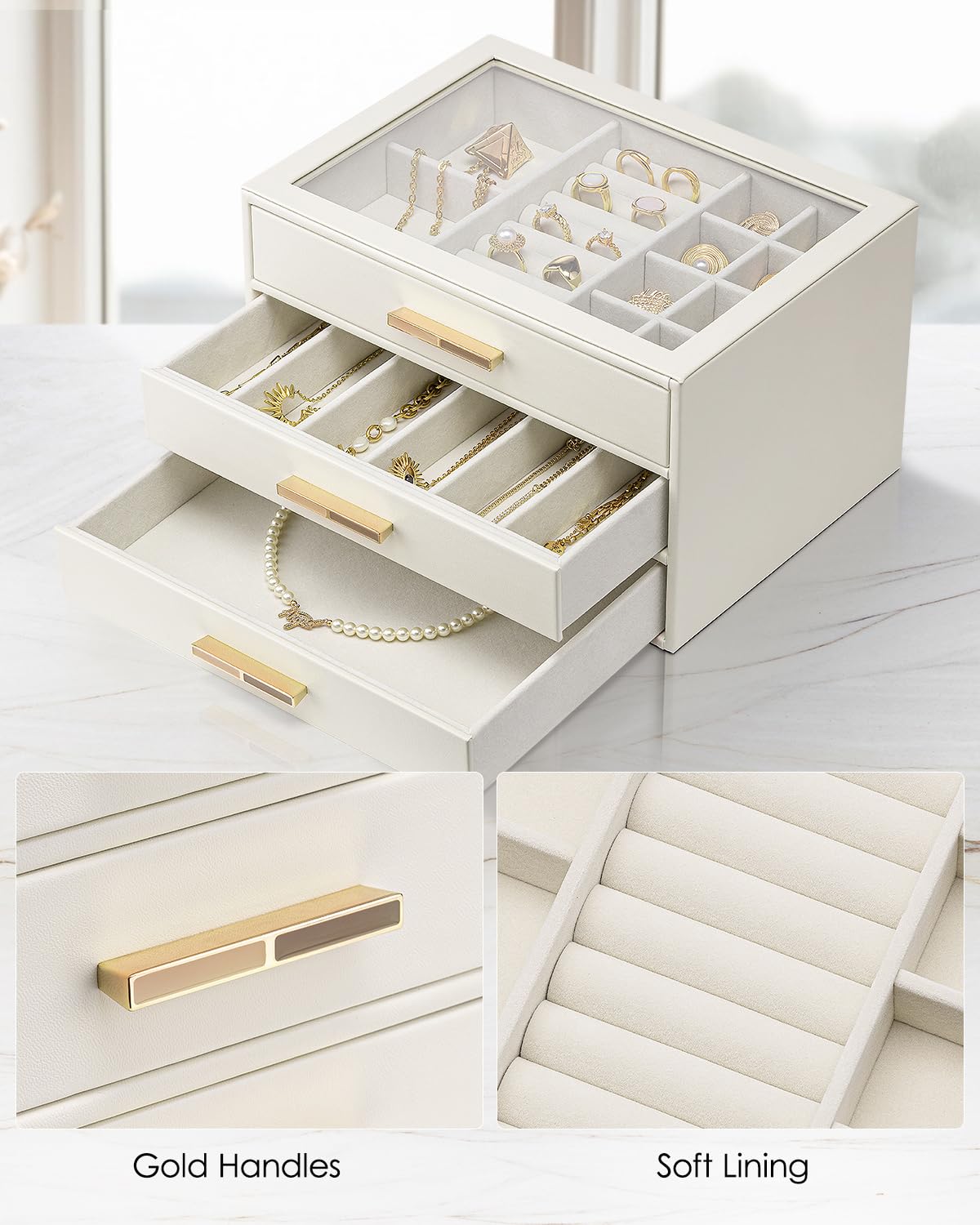 Vlando Jewelry Box for Women, Glass Lid Jewelry Organizer with 3 Drawers for Necklaces Rings Earrings Bracelets - White