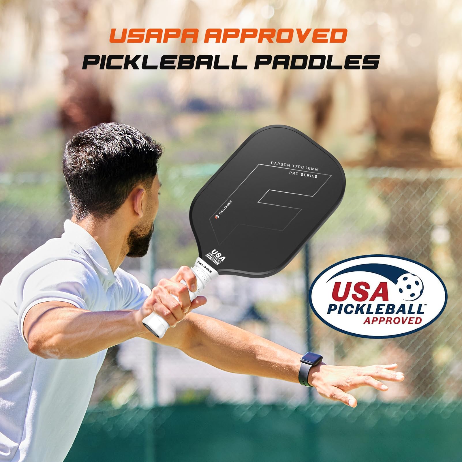 FULL CHOICE Pickleball Paddle, Long Handle Raw Carbon Fiber Surface (CFS) with 16mm Honeycomb Core, Great Control and Spin, USAPA Approved, Comes with Paddle Cover and Grip Wrap Tapes