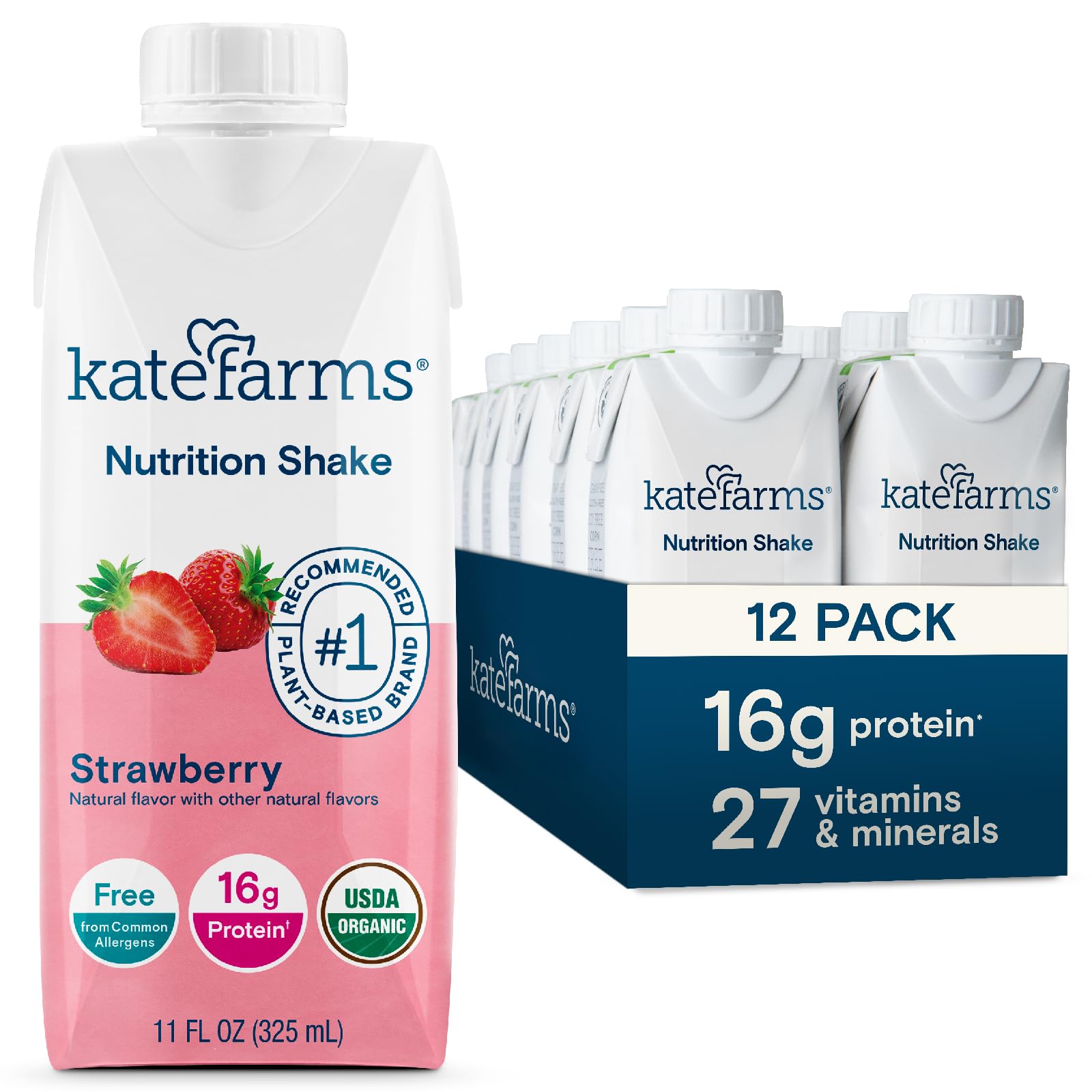 KATE FARMS Organic Nutrition Shake, Strawberry, 16g protein, 27 Vitamins and Minerals, Protein Meal Replacement Drink, Protein Shake, 11 oz (12 Pack)