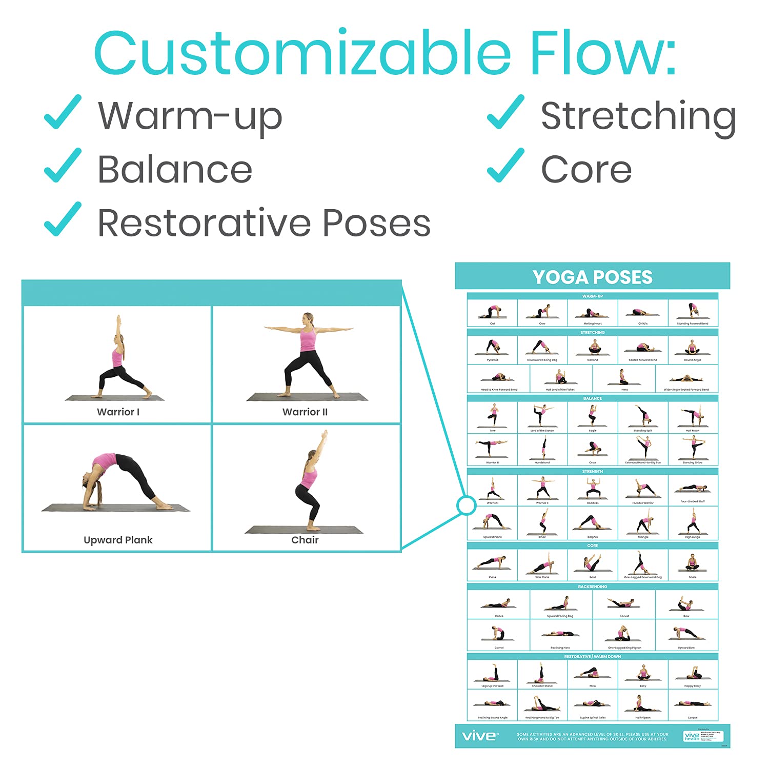 Vive Yoga Poster - Poses for Beginners and Experts - Mat Exercise Home Gym Workout Accessories Set- Double Sided Laminated Flow Chart Accessory - Instructional Guided Routine - for Women, Men