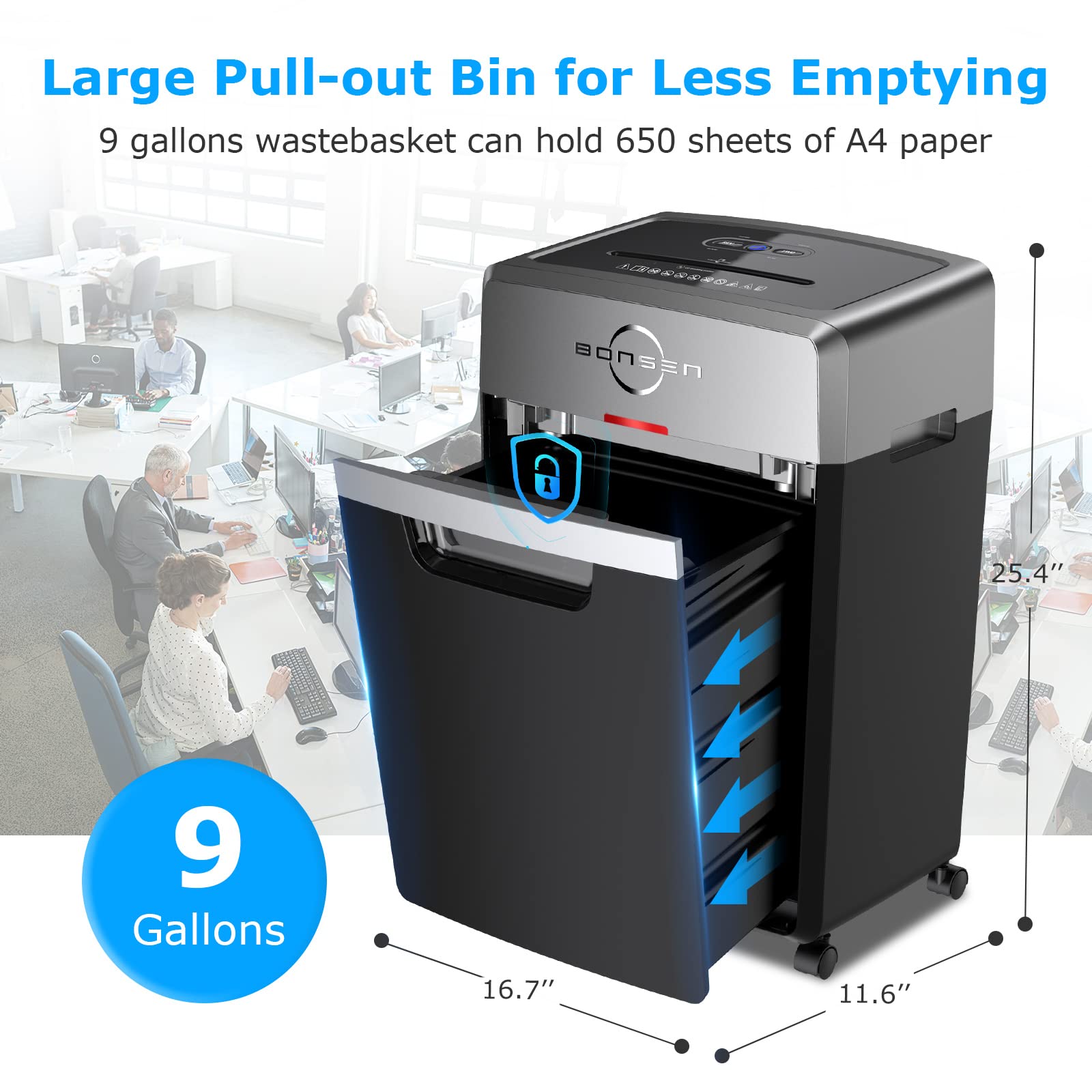 BONSEN Heavy Duty Paper Shredder, 24-Sheet Cross-Cut Shredder, 40-Min Continuous Running Time, Commercial Grade Shredder for Office, 9-Gallon Big Basket, 55dB Super Quiet, P-4 High Security (S3105)