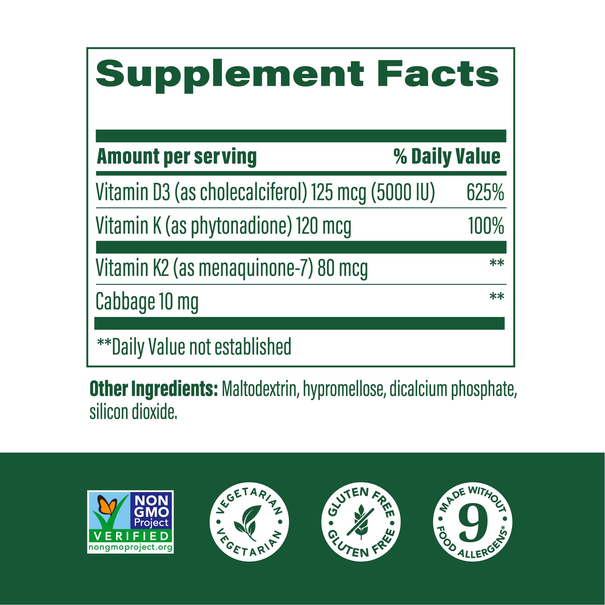 MegaFood Vitamin D3 5000 IU (125 mcg) - Vegetarian Vitamin D Supplements with Vitamin D3 K2, Supports Bones, Teeth, Muscles & Immune Health, Certified Non-GMO - 120 Mini Capsules, 120 Servings