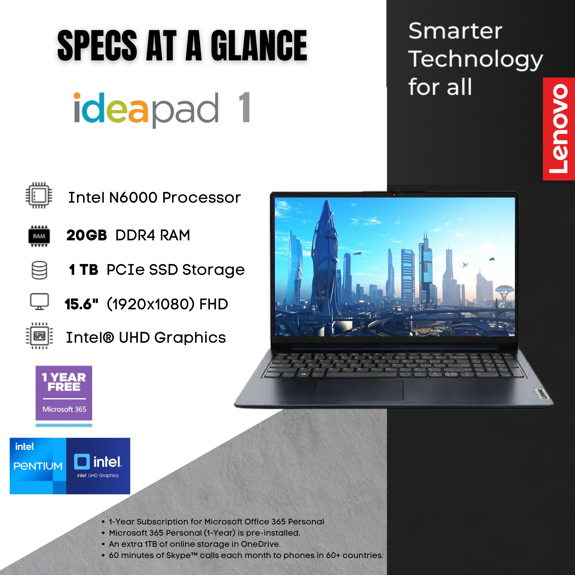 lenovo est IdeaPad 15.6'' FHD Laptop, 20GB RAM, 1TB SSD, Intel Pentium Silver N6000, 1 Year Microsoft Office 365, Webcam, Type-C, SD Card Reader, Wi-Fi 6, Windows 11, JVQ MP Black
