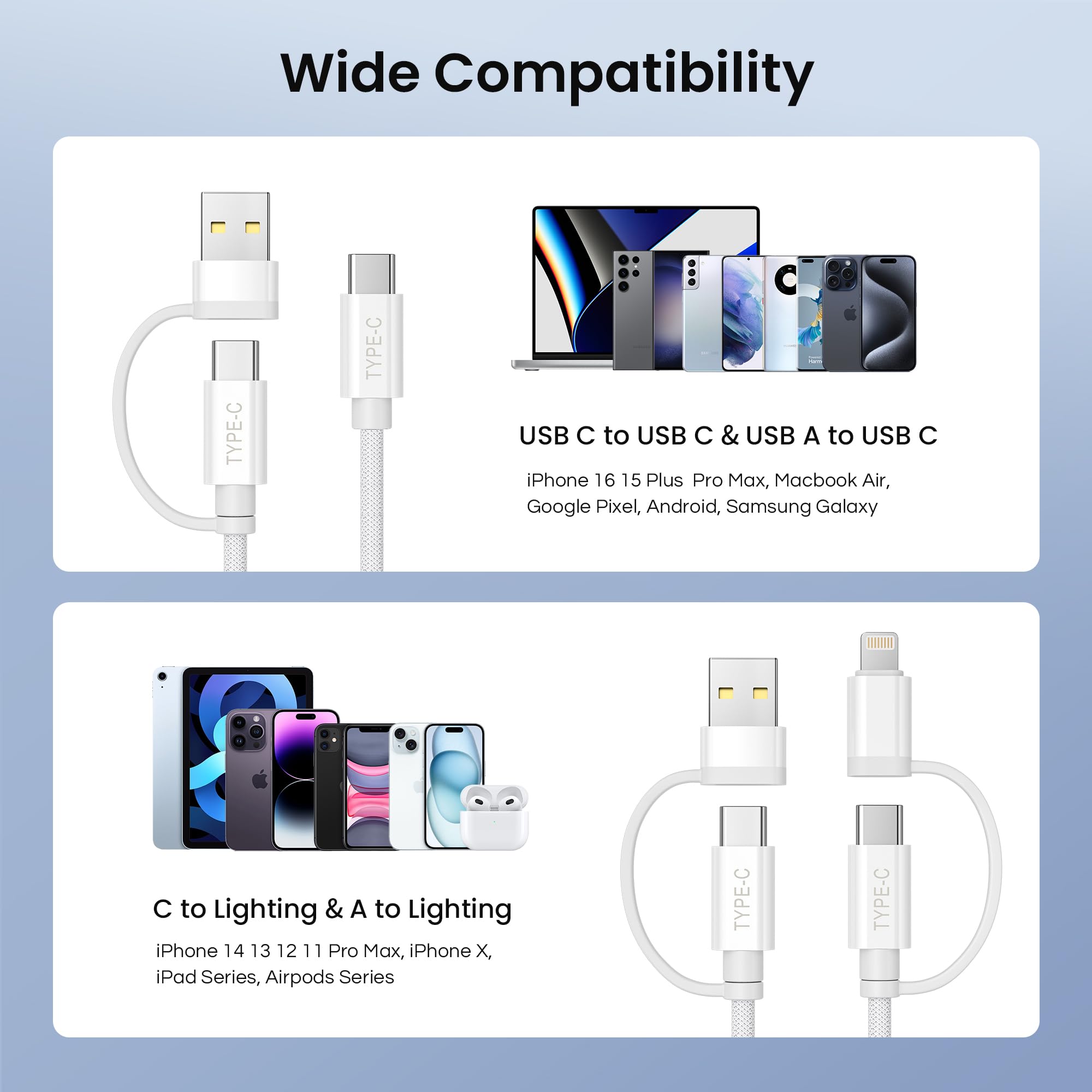 Basesailor 4-in-1 USB C to USB C Cable 10ft iPhone 16 15 14 13 Mini Plus Max,60W Fast Charging Multi Charger Cord with USB-A Adapter/IOS/Type C for Apple iWatch 10 9 8,MacBook Pro,iPad Air,S24 S23 S22