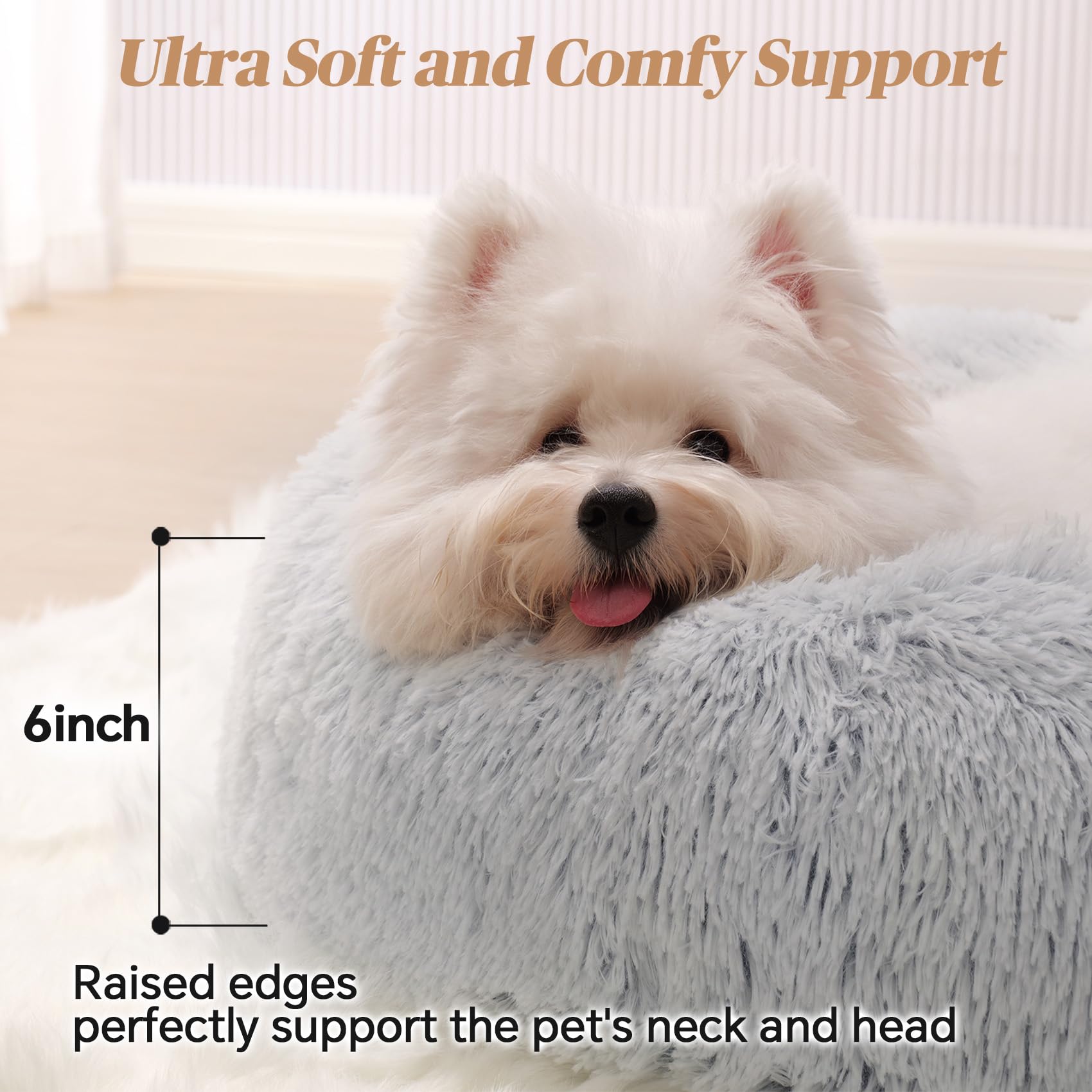 Calming Small Dog Bed & Cat Bed, Donut Fluffy Anti-Anxiety Round Washable Cute Bed, Plush Cozy Cuddler Warming Soft Comfort Pet Puppy Bed for Small Medium Dogs, 20inch,Light Grey