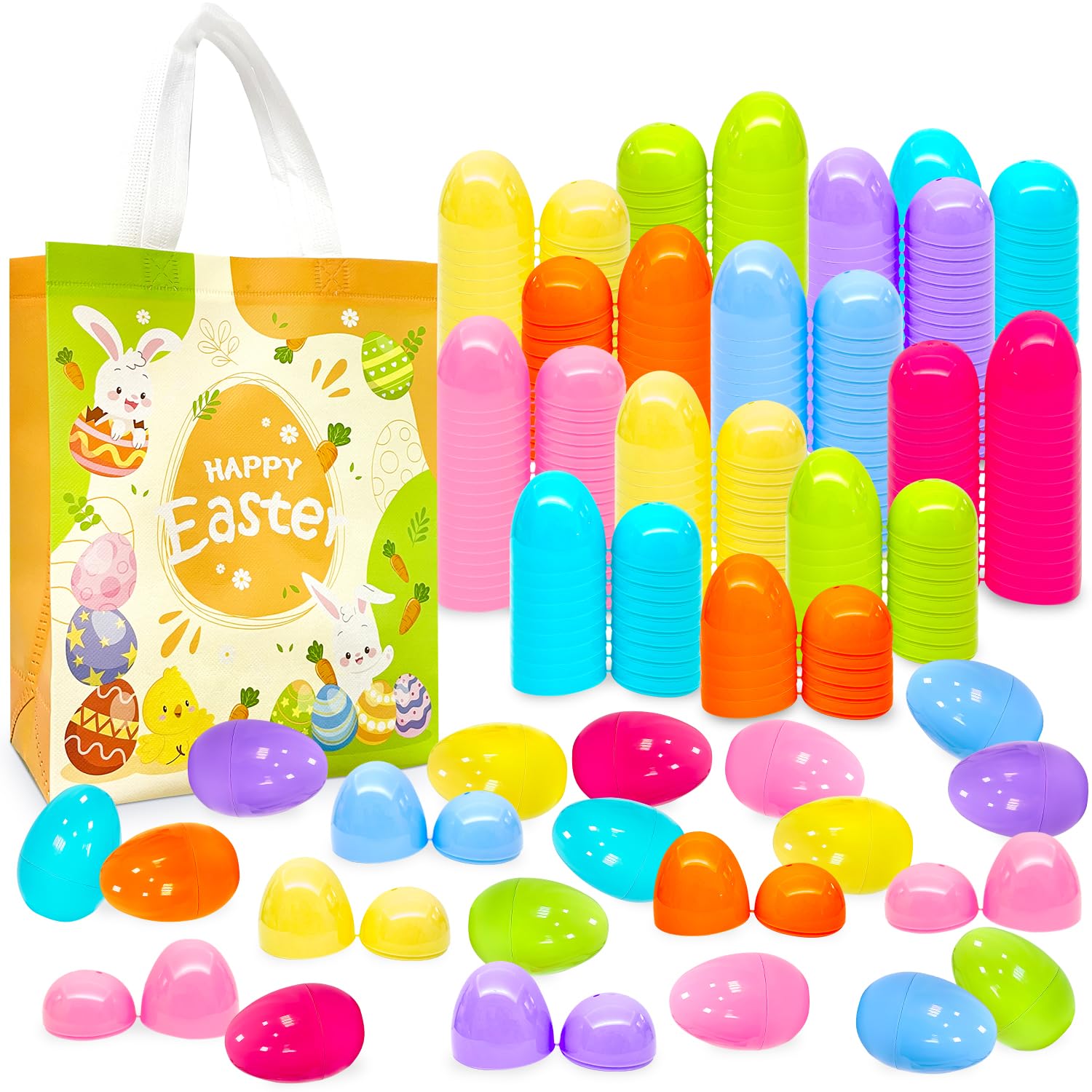 Aviski 200Pcs 2.36inch Colorful Easter Plastic Eggs for Kids Egg Hunt Basket Bag Empty Stuffers Fillers with 2pcs Cute Non Woven Bags, Toys Filling Treats and Easter Theme Party Supplies Favor