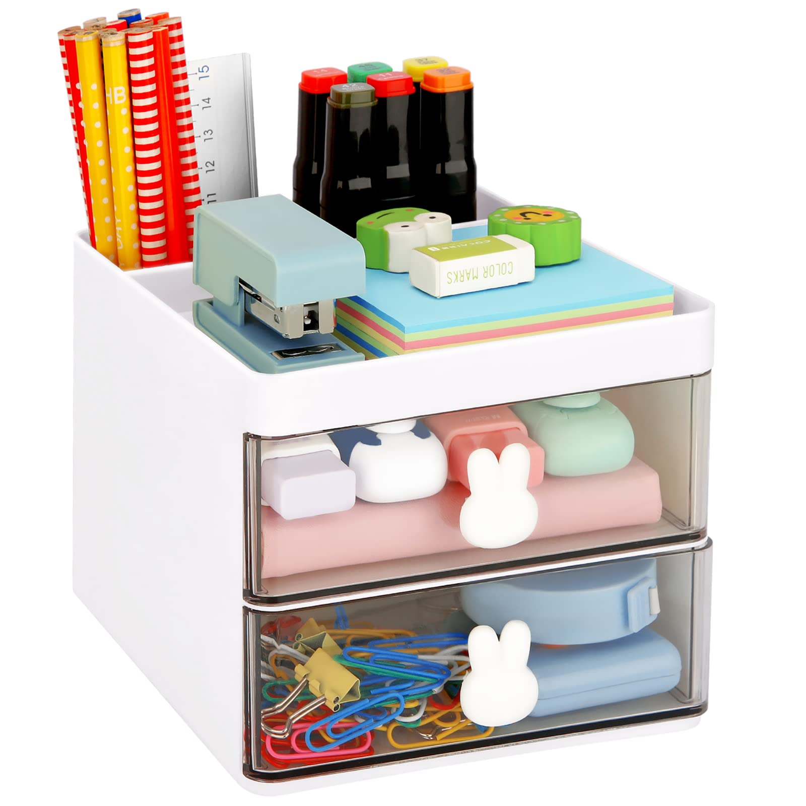 LETURE Small Desk Organizer With Drawer, Office Desktop Storage Box, Business Card/Pen/Pencil/Mobile Phone/Stationery Holder Storage Box, Makeup Organizer for Office School Home (White)