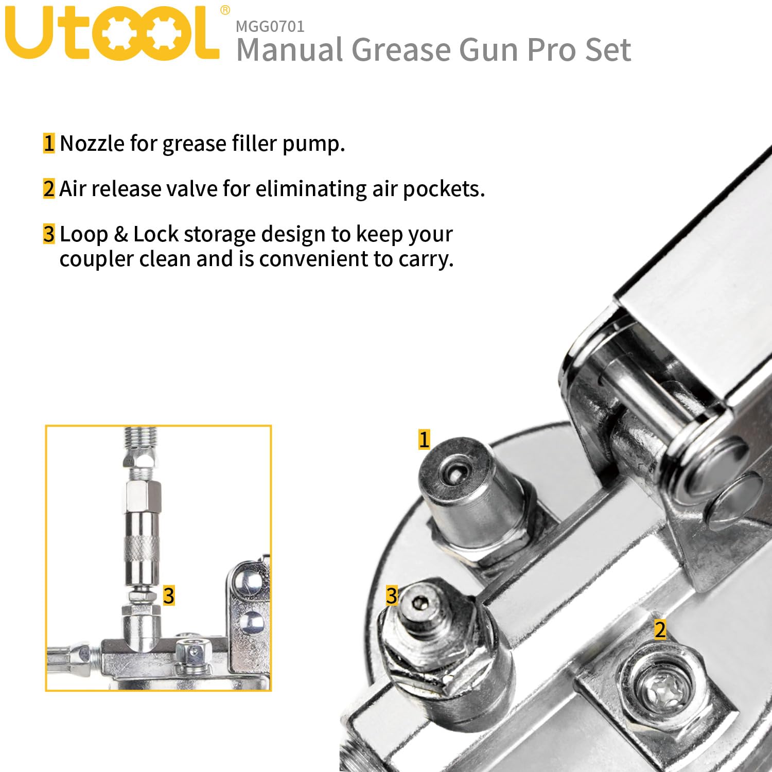 UTOOL Grease Gun, 8000 PSI Heavy Duty Pistol Grip Grease Gun Kit, 14 oz Load, 20 Inch Rubber Flex Hose, 1 Patented Double Handle Coupler, 1 Basic Coupler, 1 Needle Nozzle, 1 Hose Swivel, Yellow