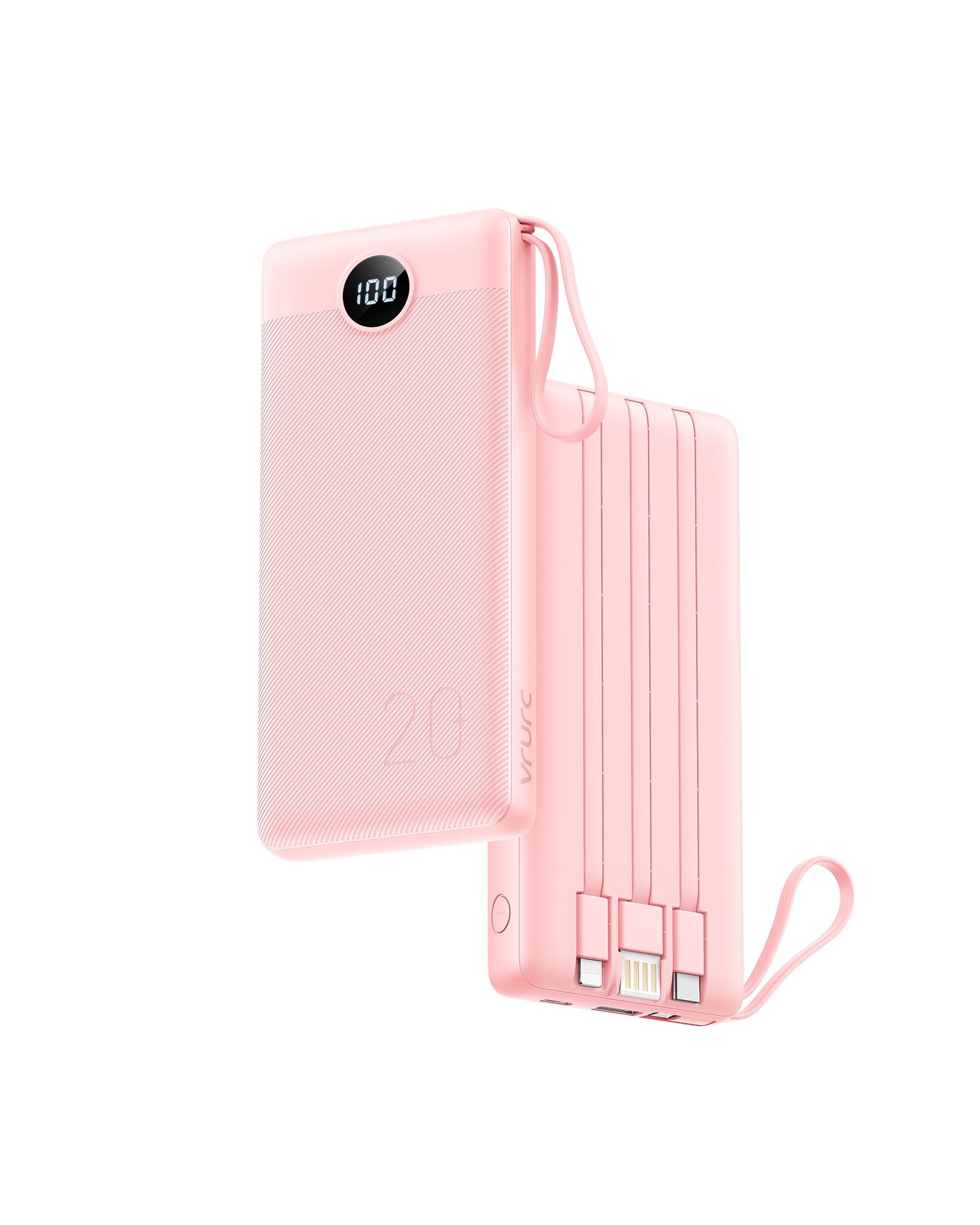 VRURC Portable Charger, 20000mAh Power Bank Fast Charging, Built-in Micro & USB C Three Cables, 4 Output 2 Input LED Display Charging Bank for iPhone, Samsung, Android etc-Pink (1 Pack)